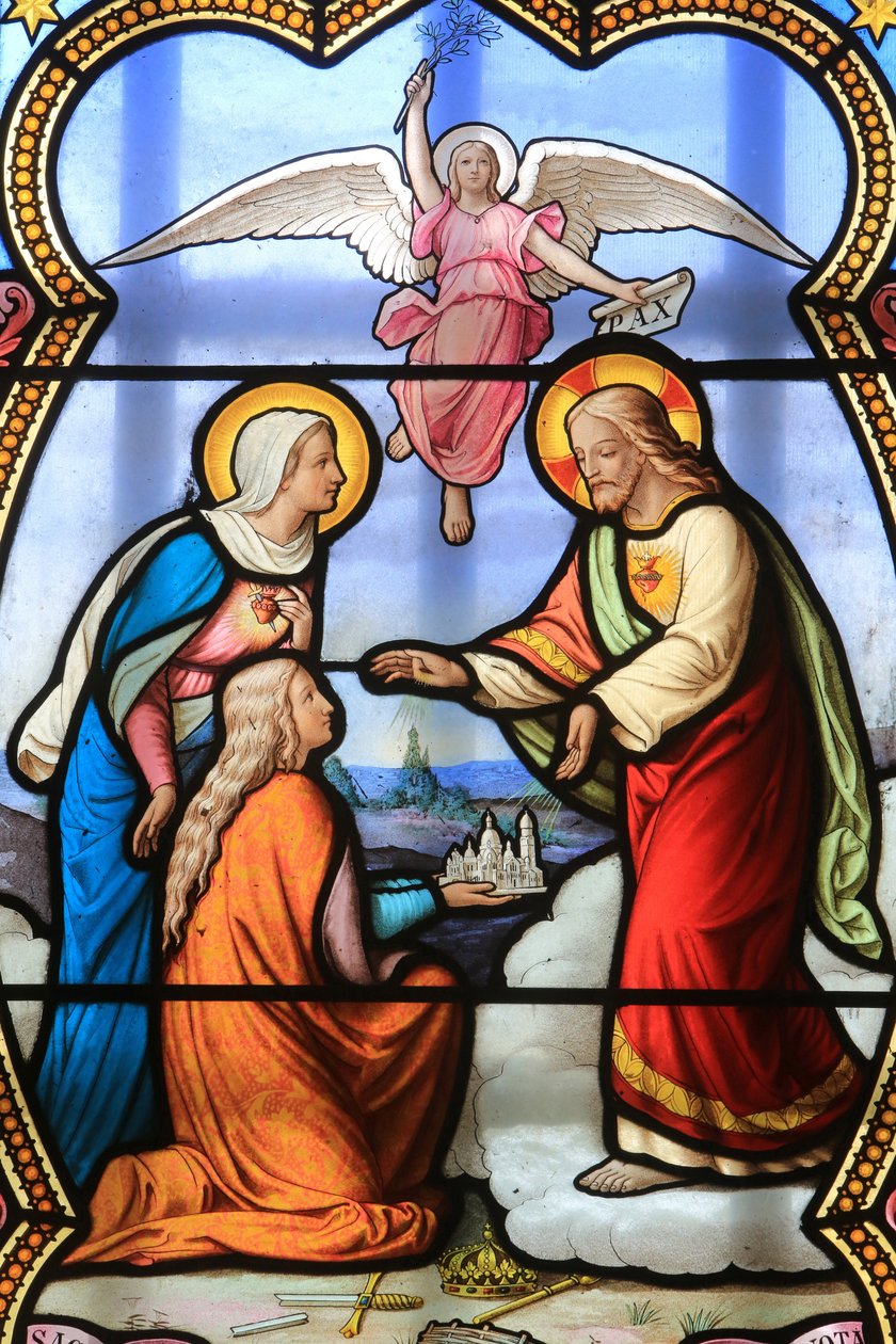 Jesus Kristus og Jomfru Maria. Glasmosaik vindue. Vor Frue af la Salettes helligdom, La Salette-Fallavaux, Frankrig af Unbekannt