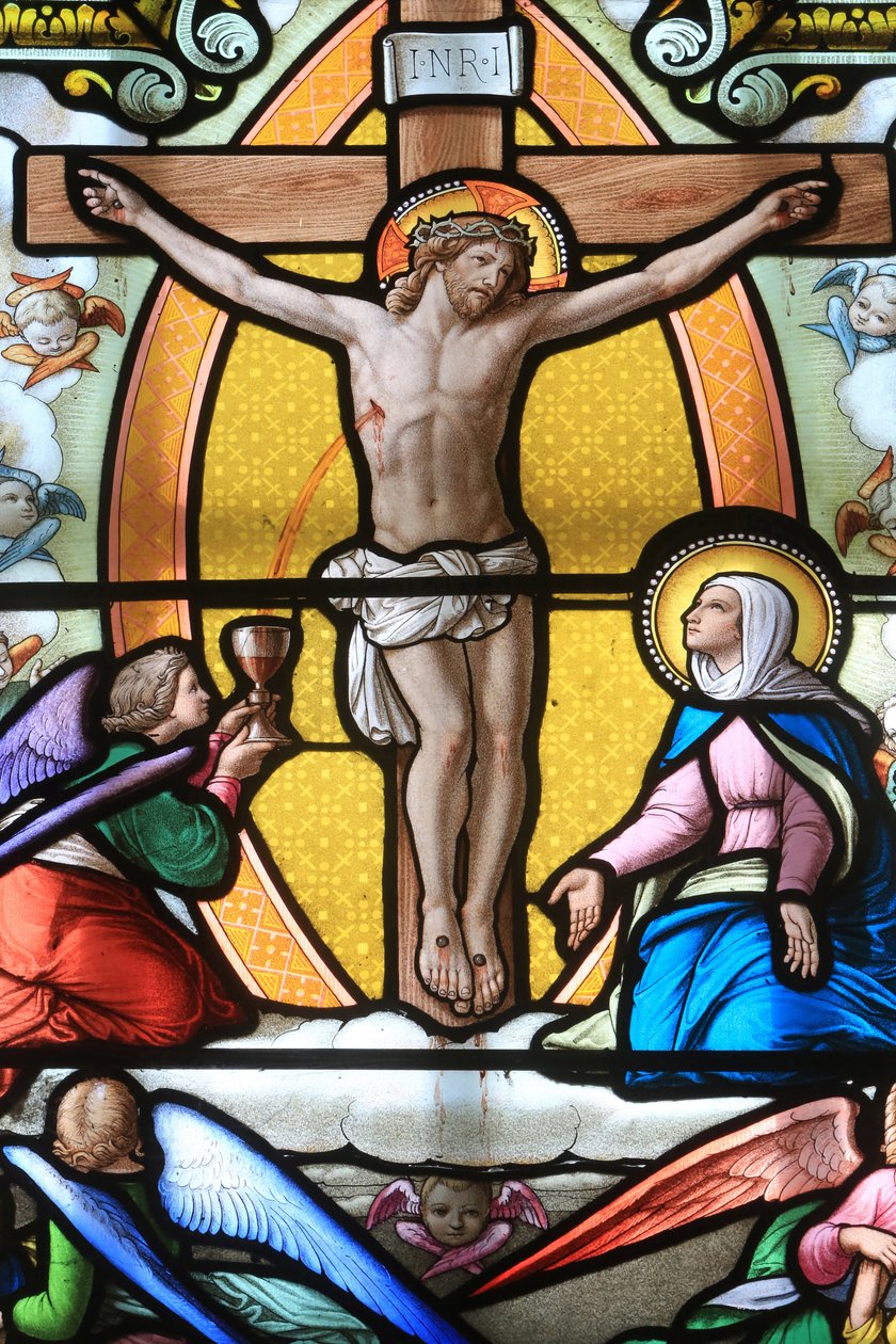 Jesus Kristus på korset. Glasmosaik vindue. Vor Frue af la Salettes helligdom, La Salette-Fallavaux, Frankrig af Unbekannt