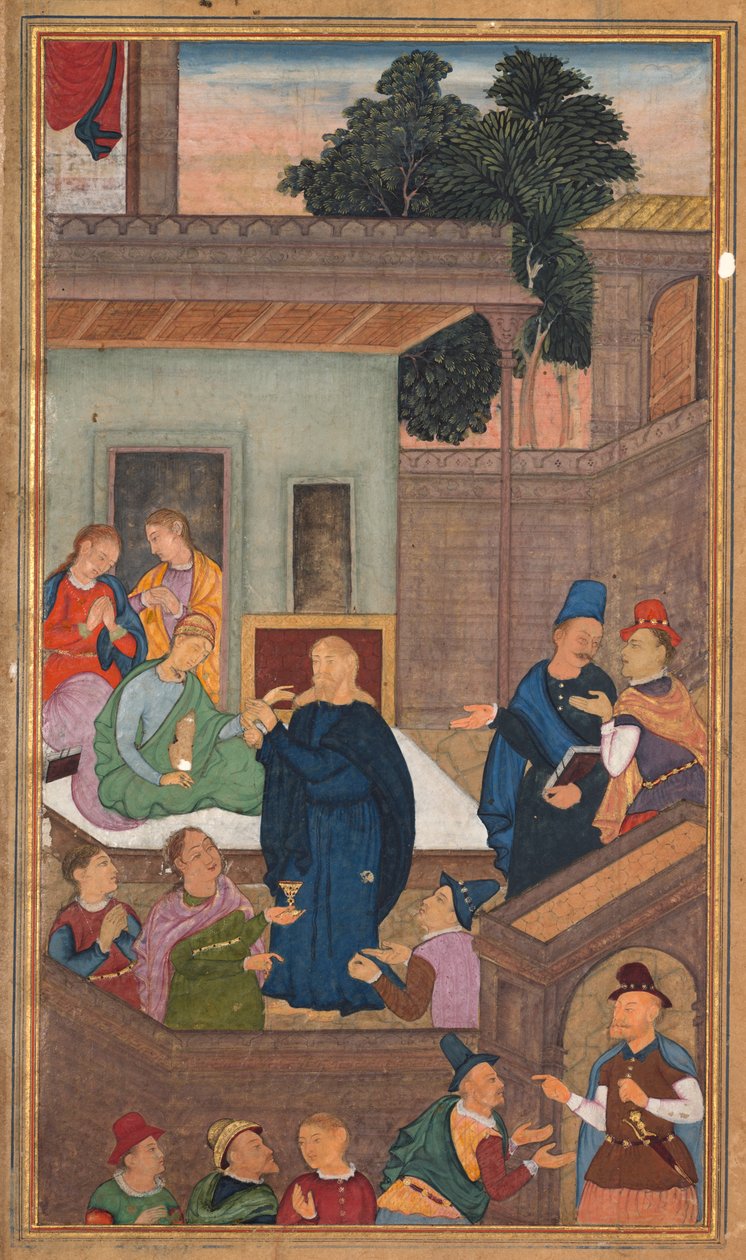 Jesus rejser Jairus datter fra de døde, fra et spejl af hellighed Mirat al-quds..., 1602-16 af Unbekannt