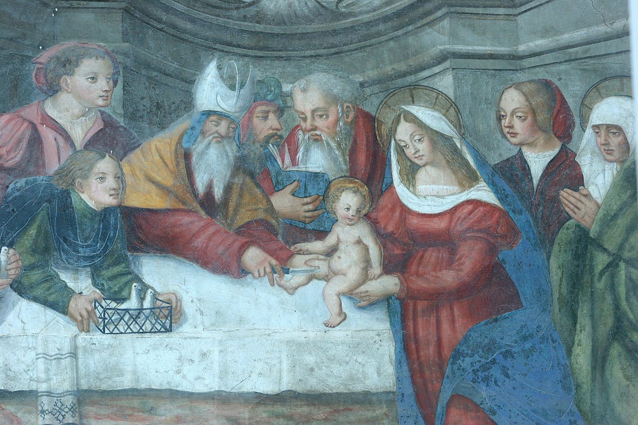 Jesus ved tempelmaleriet på Sankt Marias katedraldør Aoste Italia af Unbekannt