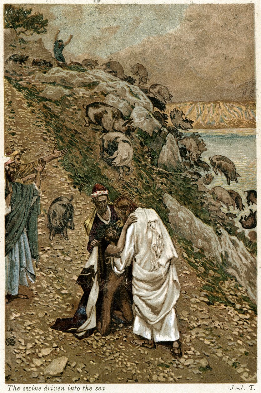 Jesus kaster djævle ud af en knælende mand, c1890 af Unbekannt