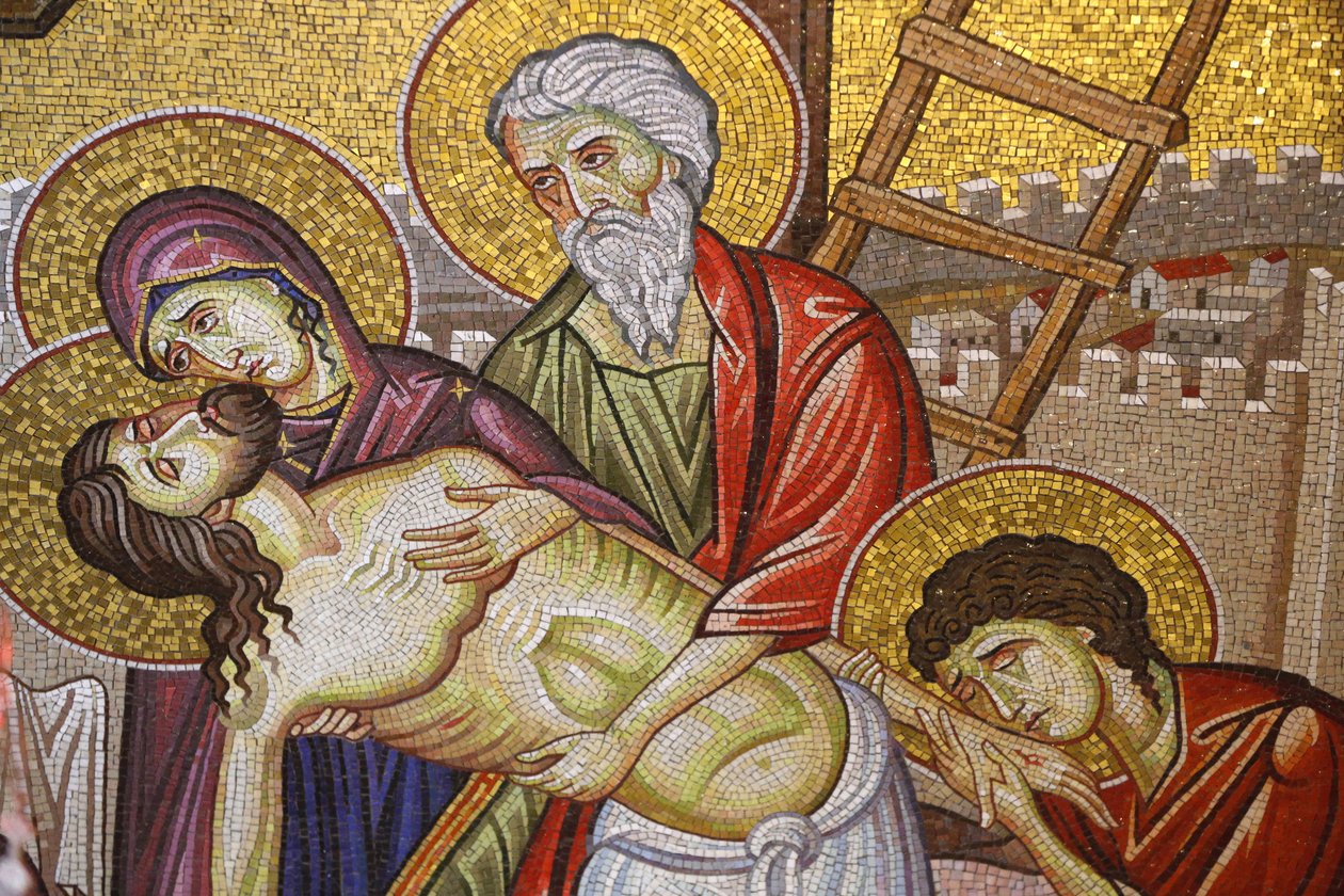 Jesus ned fra korset, Detalje af mosaikkunst, der skildrer Jesu Kristi begravelse, Den Hellige Gravs Kirke, Jerusalem, Israel af Unbekannt