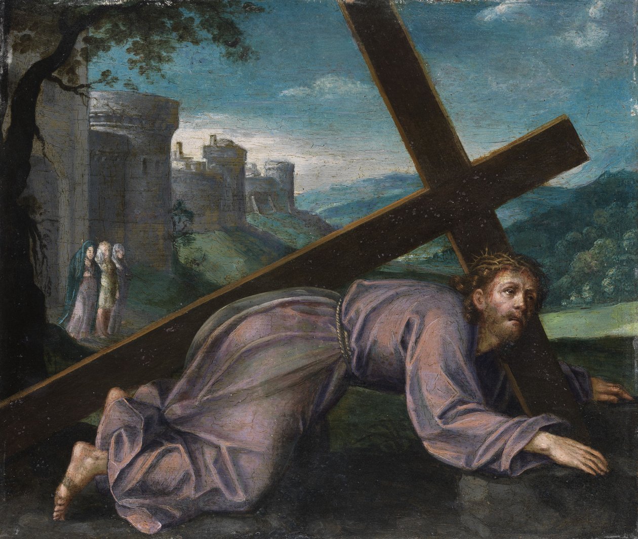 Jesus falder under korset. Norditaliensk maler fra det 17. århundrede af Unbekannt