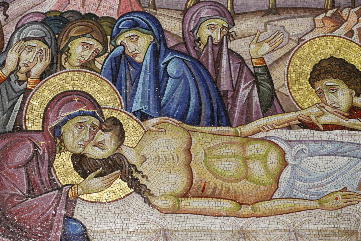 Jesus lagde på den nye grav af Josef af Arimathea, detalje af mosaikkunst, der skildrer begravelsen af Jesus Kristus, Den Hellige Gravs Kirke, Jerusalem, Israel af Unbekannt