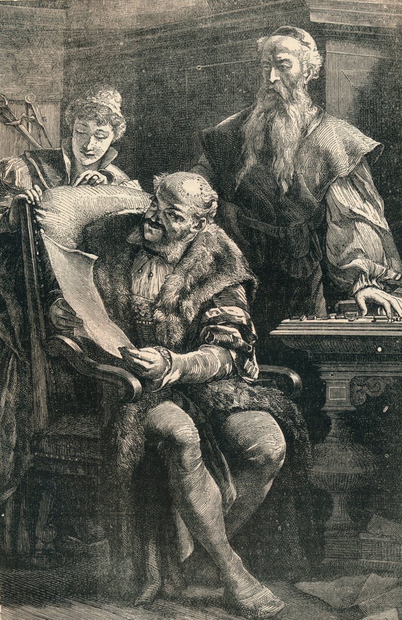 John Gutenberg viser en del af den første trykte bog til Faust, 14. århundrede, c1910 af Unbekannt