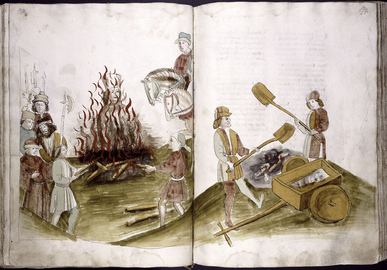 John Hus bliver brændt på bålet 6. juli 1415 og hans aske kastes i Rhinen fra: Ulrich Richental Chronicle of the Coun, 1414-1418 af Unbekannt