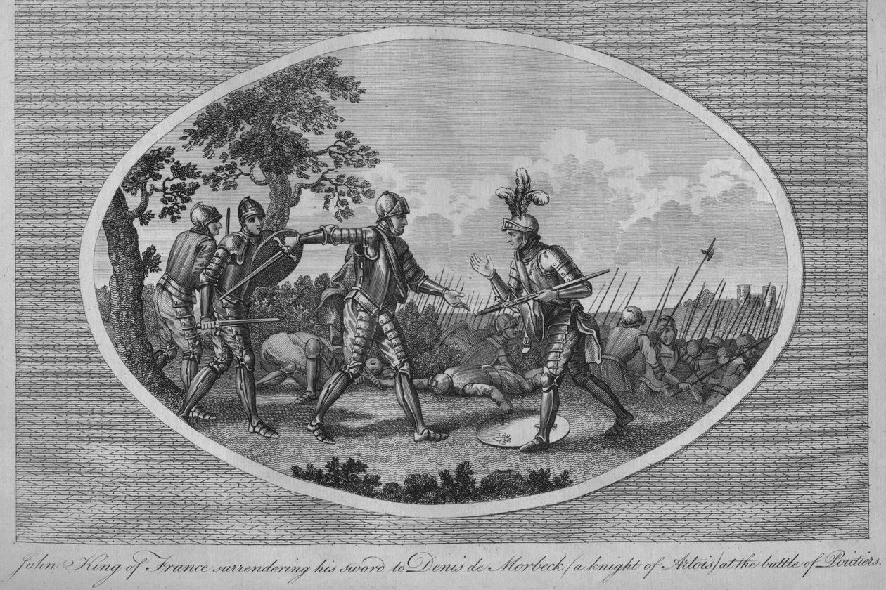 Johannes II af Frankrig overgav sit sværd til Denis de Morbeck i slaget ved Poitiers, 1356 1793 af Unbekannt