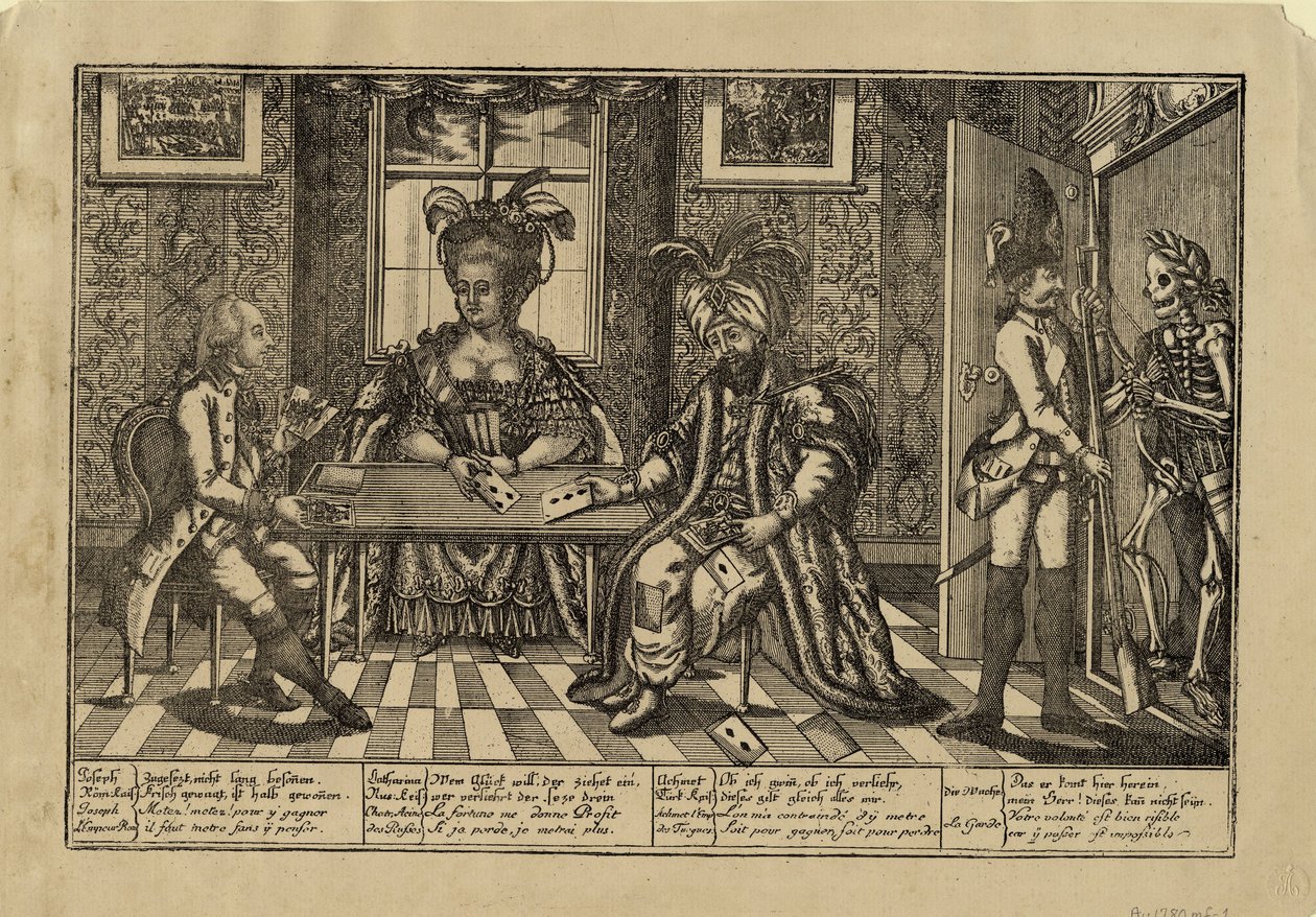 Joseph II, Katarina den Store og sultan Abdul Hamid I spillekort, ca. 1780 af Unbekannt