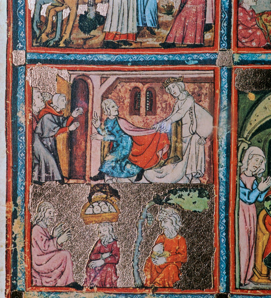 Josef og Potifars kone og Josef i fængsel tolker drømme, 1300-tallet af Unbekannt