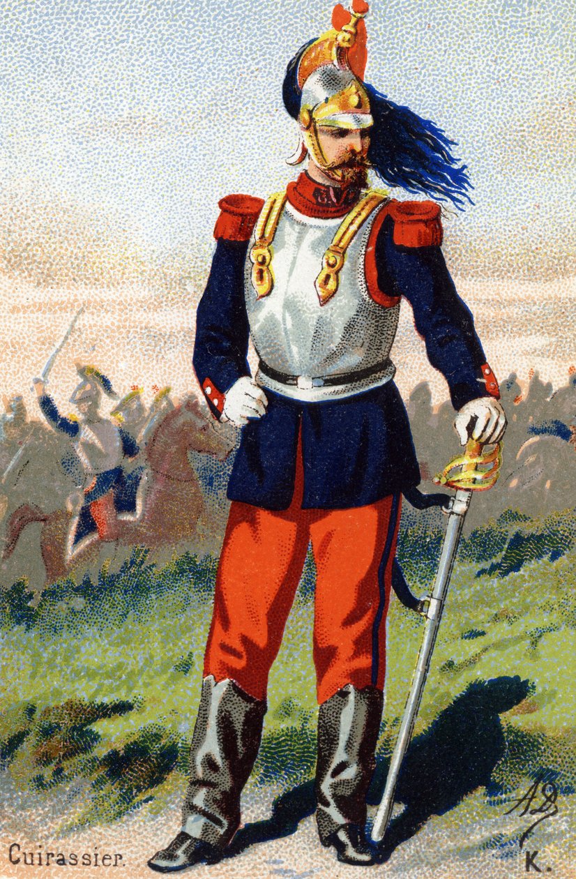 K: Cuirassier. Indgravering i "Militæralfabet". Illustratorens initialer: A. D. Ukendt forlag. Kromolitografier sidst i det 19. århundrede. Mål: 10,5 x 7 cm. af Unbekannt