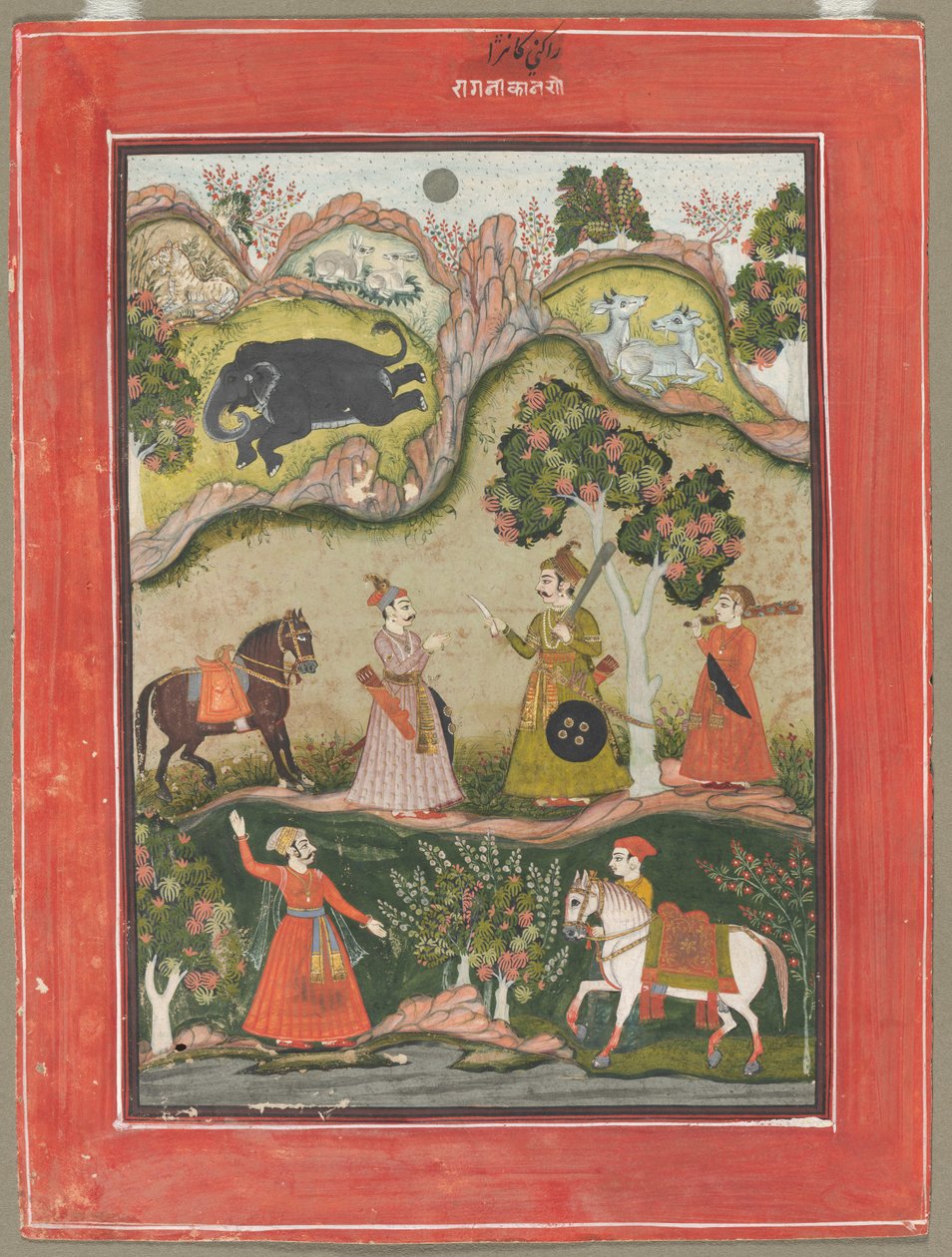 Kanhara Ragini: Inspirationssang til Krishna for at dræbe elefantdæmonen..., ca. 1760. af Unbekannt