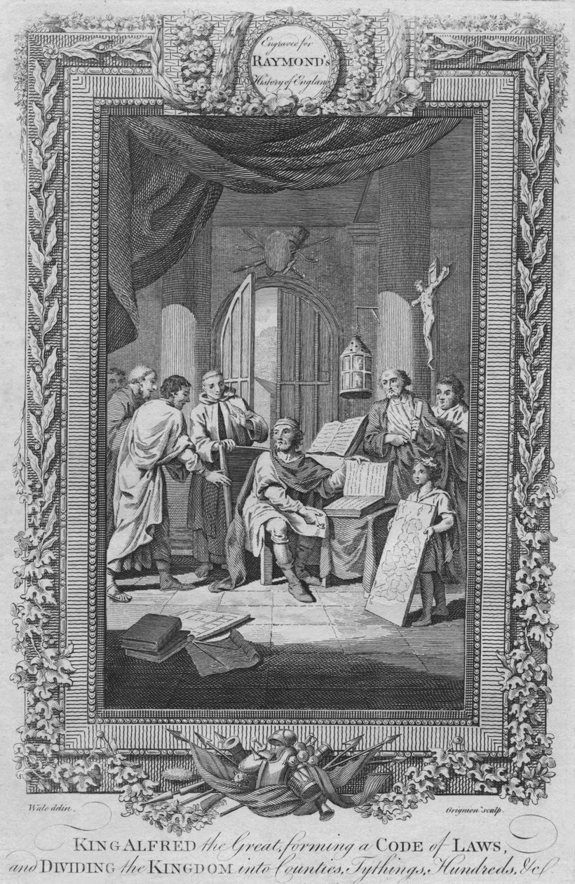 Kong Alfred den Store, der dannede en lovkodeks og opdelte riget i amter, c1787 af Unbekannt