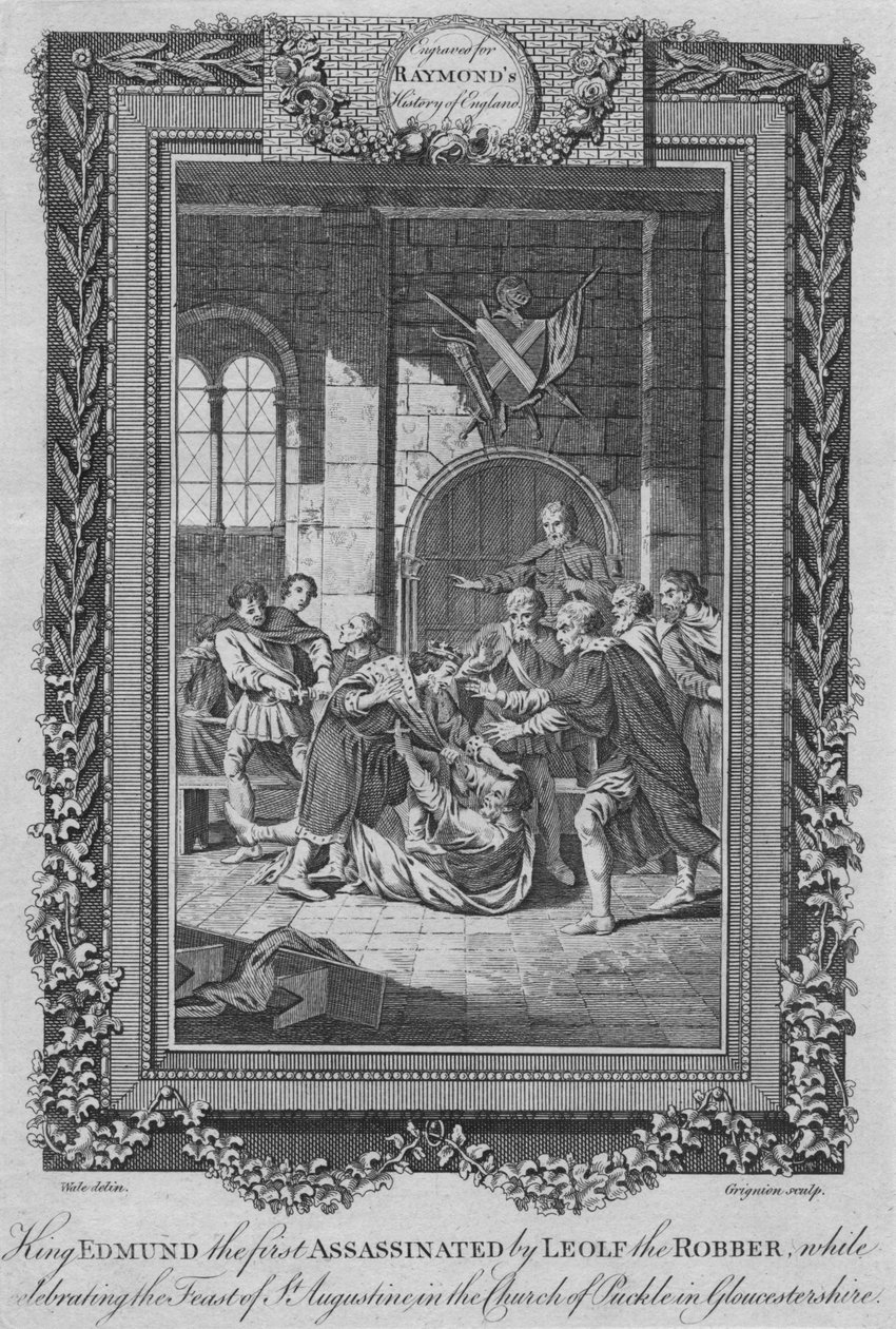 Kong Edmund den første myrdet af Leolf the Robbe, c1787 af Unbekannt