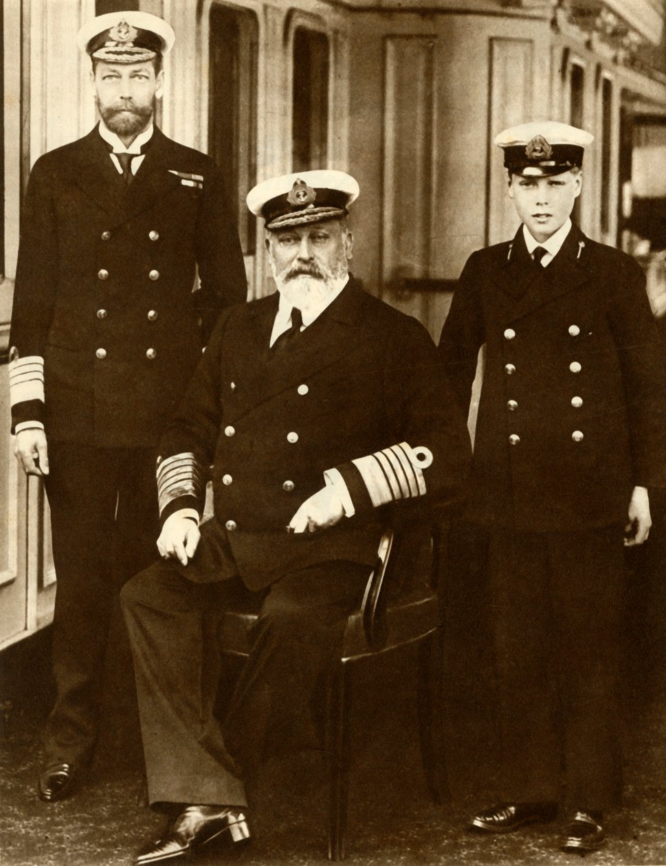 Kong Edward VII med sin søn George, Prince of Wales, og barnebarnet Prince Edward, 1910, 1935. af Unbekannt