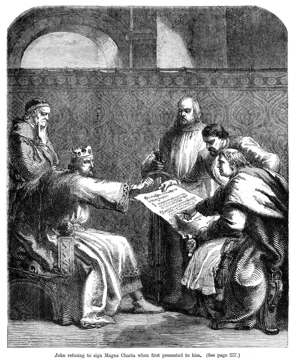 Kong John 1167-1216 nægtede at underskrive Magna Carta, da den første gang blev præsenteret for ham, 1215 af Unbekannt