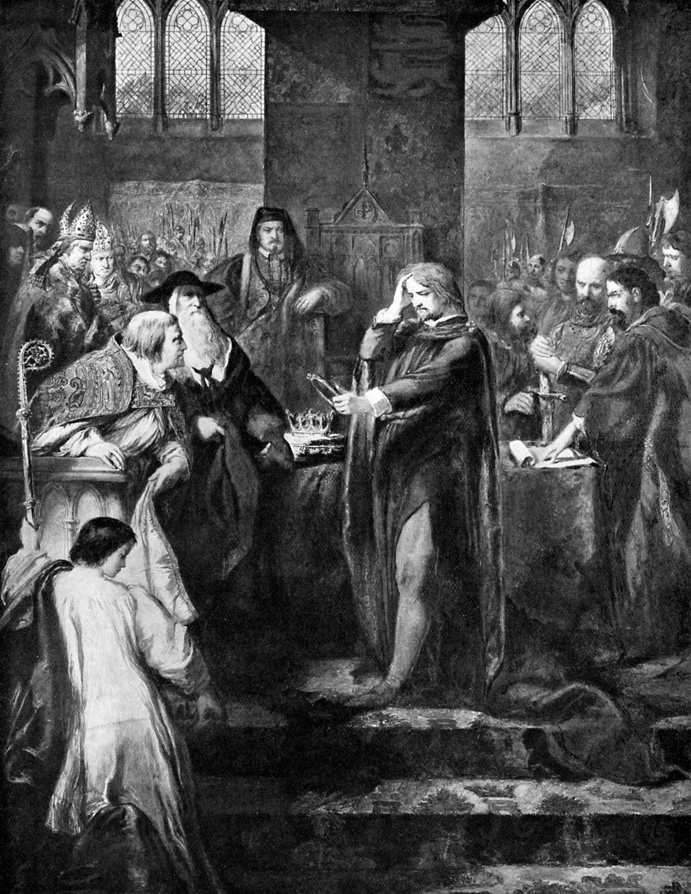 Kong Richard II overgiver kronen til sin fætter Bolingbroke, 1399, c1920 af Unbekannt