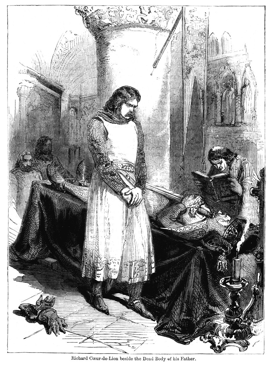 Kong Richard I ved siden af sin fars døde krop, kong Henrik II, 1189 af Unbekannt