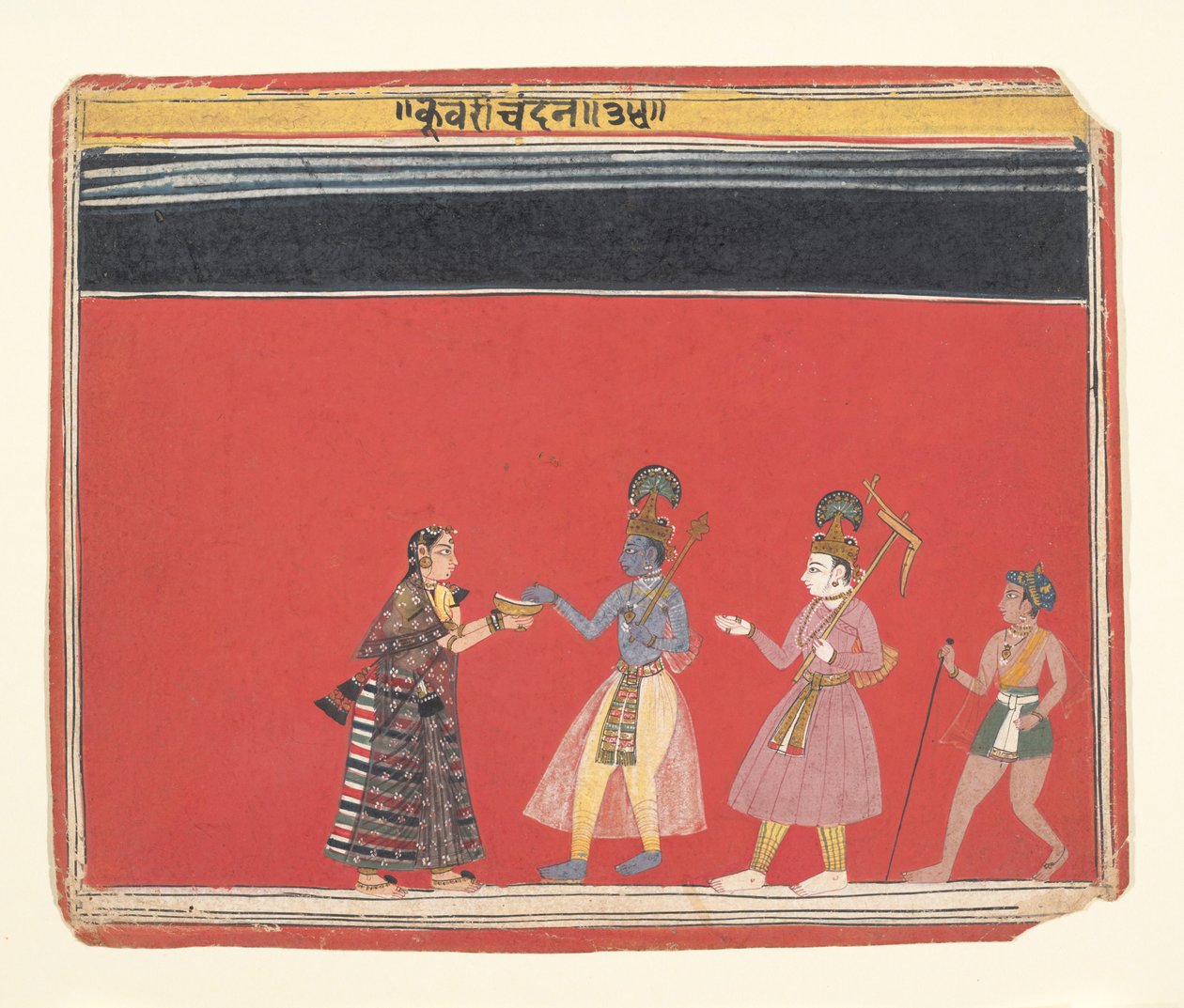 Krishna tager imod et tilbud fra den pukkelryggede kvinde Trivakra..., ca. 1650. af Unbekannt