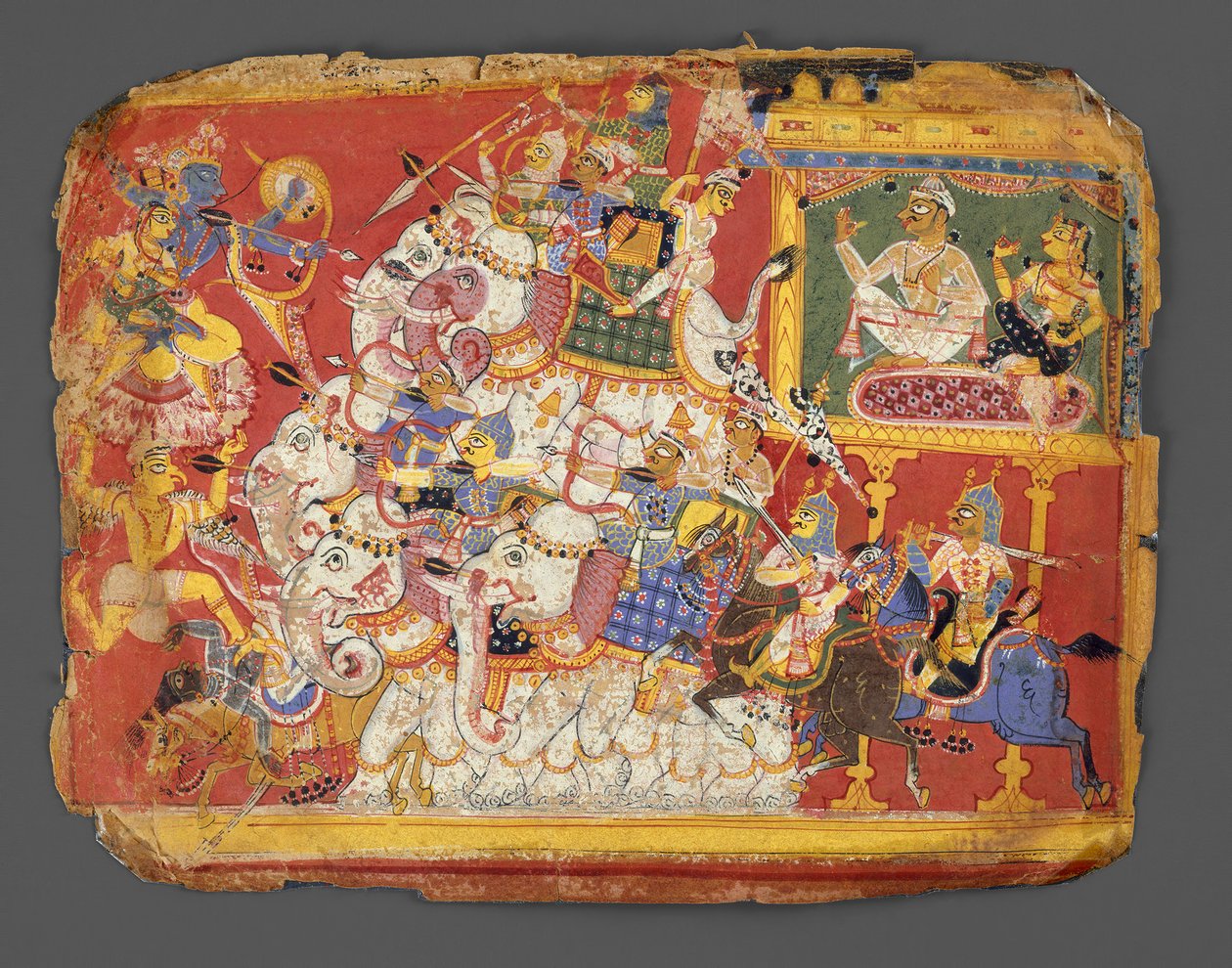 Krishna kæmper mod dæmonens hære Naraka: Side fra et Bhagavata Purana-manuskript, ca. 1540. af Unbekannt