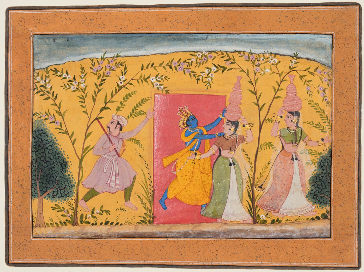 Krishna opkræver en vejafgift fra mælkepigerne, fra en Bhagavata Purana, ca. 1600. af Unbekannt