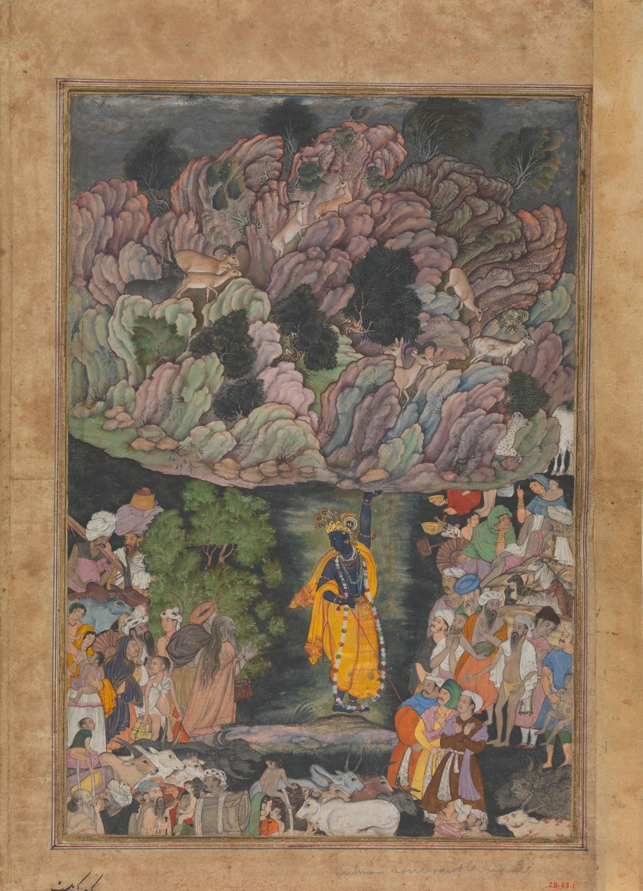 Krishna holder Govardhan-bjerget op for at beskytte landsbyboerne i Braj, Folio fra..., ca. 1590-95. af Unbekannt
