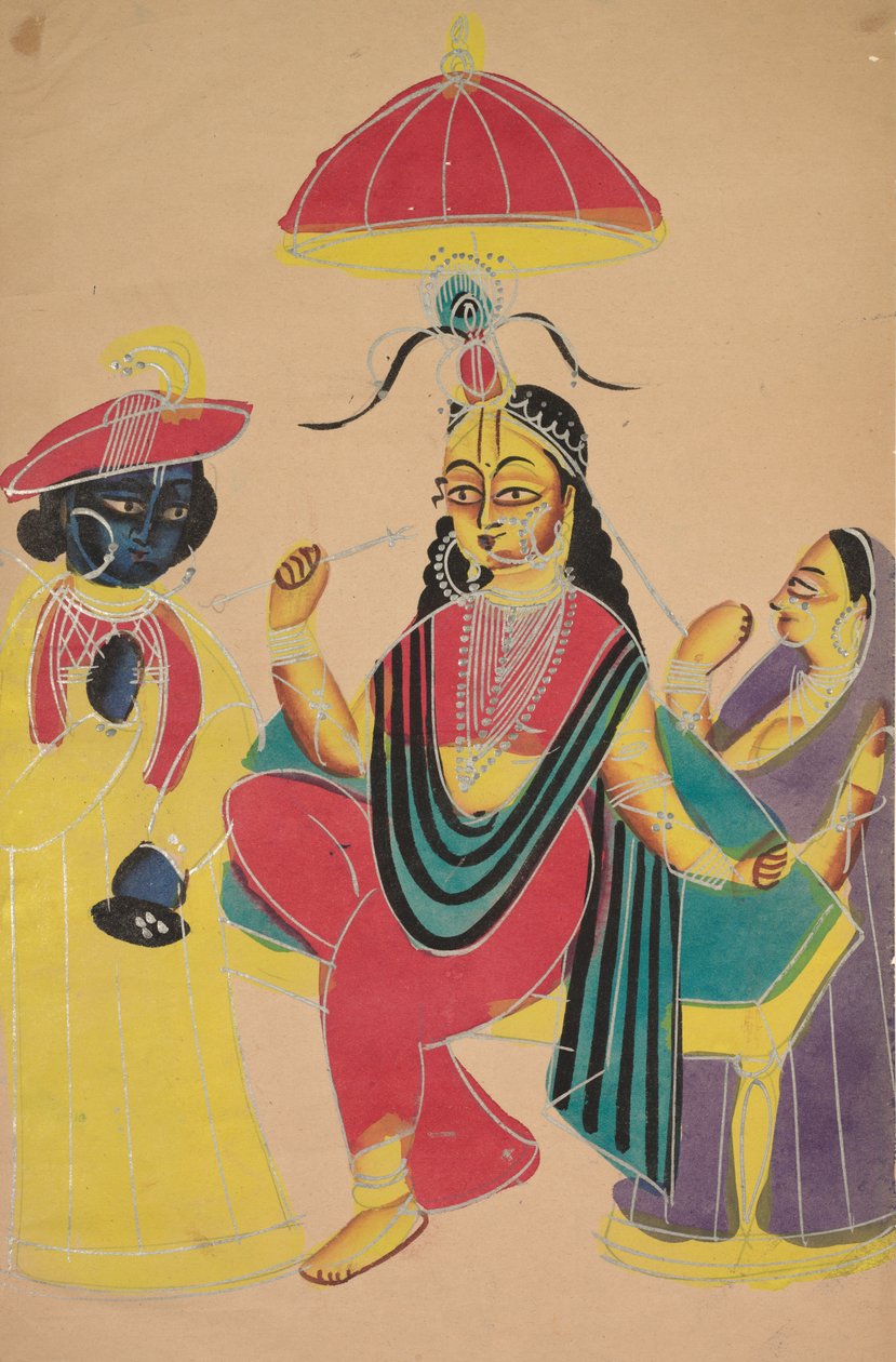 Krishna stående ved Radha, der sidder på en stol, 1800-tallet. af Unbekannt