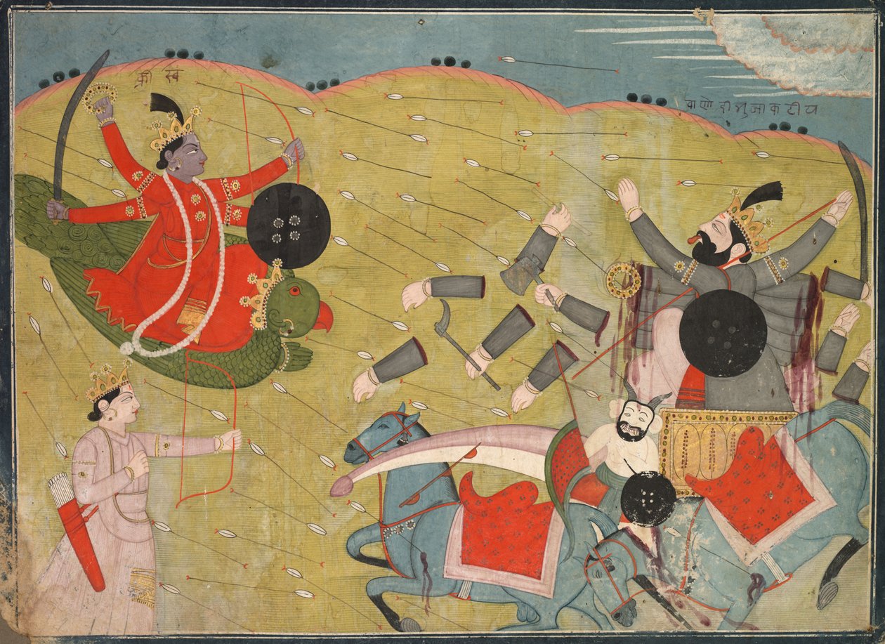 Krishna Vanquishing Vanasura: Scene fra Aniruddha Usha-sektionen af Krishna Lila, ca. 1840. af Unbekannt