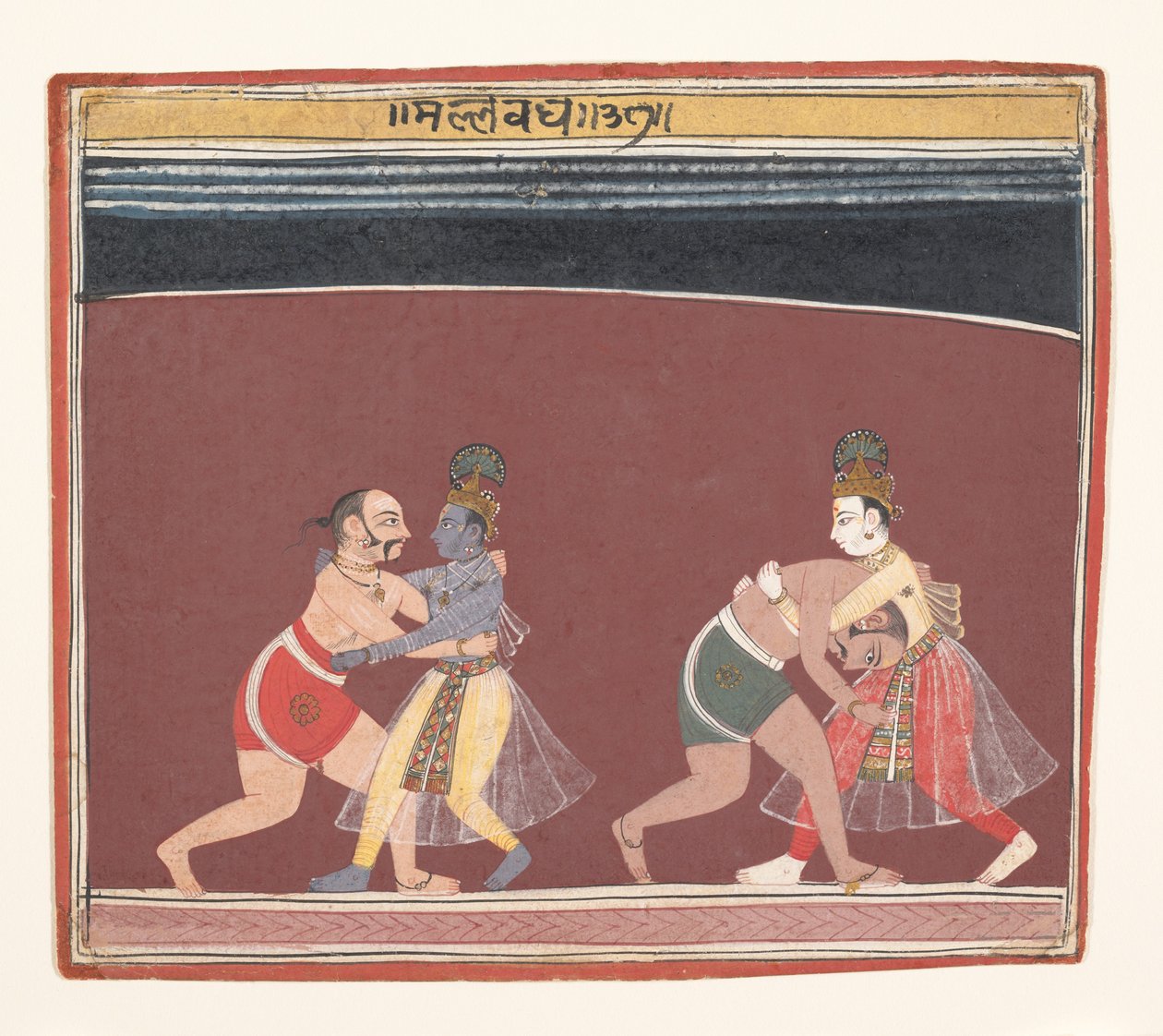 Krishna og Balarama bekæmper den onde konge Kamsas Wrestlers..., ca. 1650. af Unbekannt