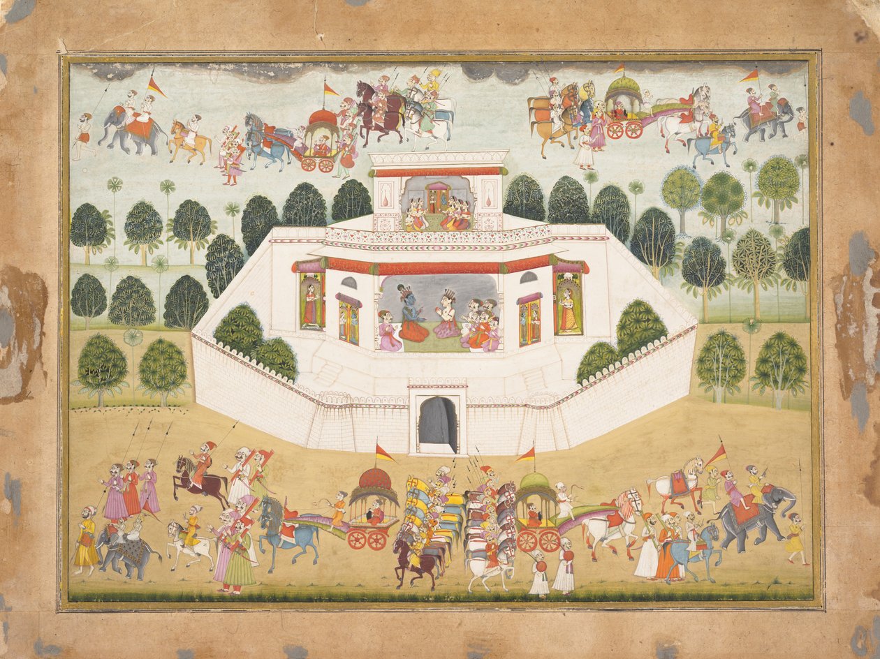 Krishna og Balarama i et muret palads: Side fra en spredt Bhagavata Purana..., ca. 1700. af Unbekannt