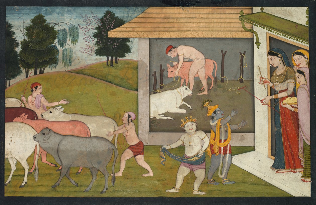 Krishna og Lakshmana tager kvæget ud på græs, side fra Bhagavata Purana, ca. 1780-1790. af Unbekannt