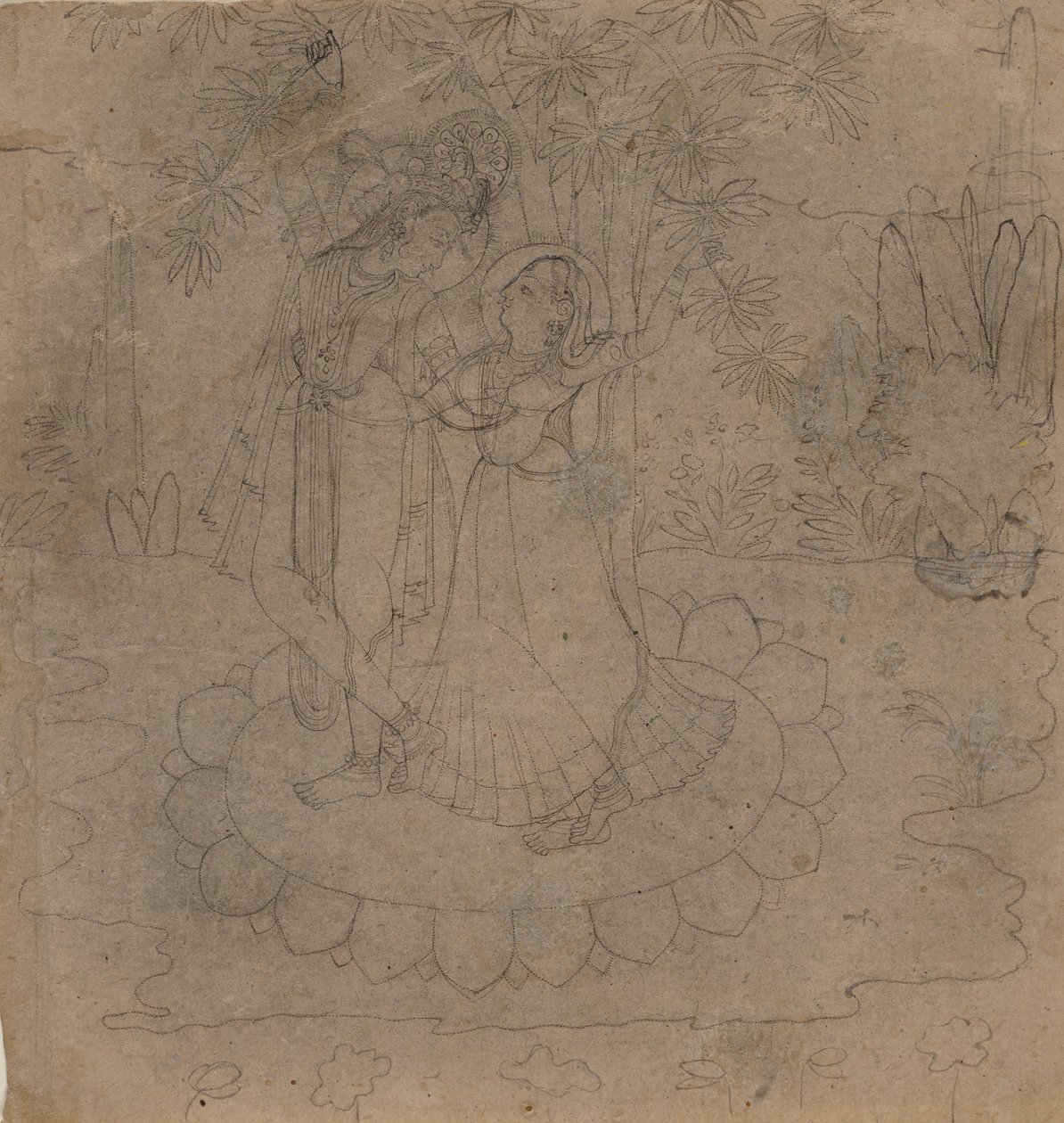 Krishna og Radha står på en lotus, slutningen af det 19.-begyndelsen af det 20. århundrede. af Unbekannt