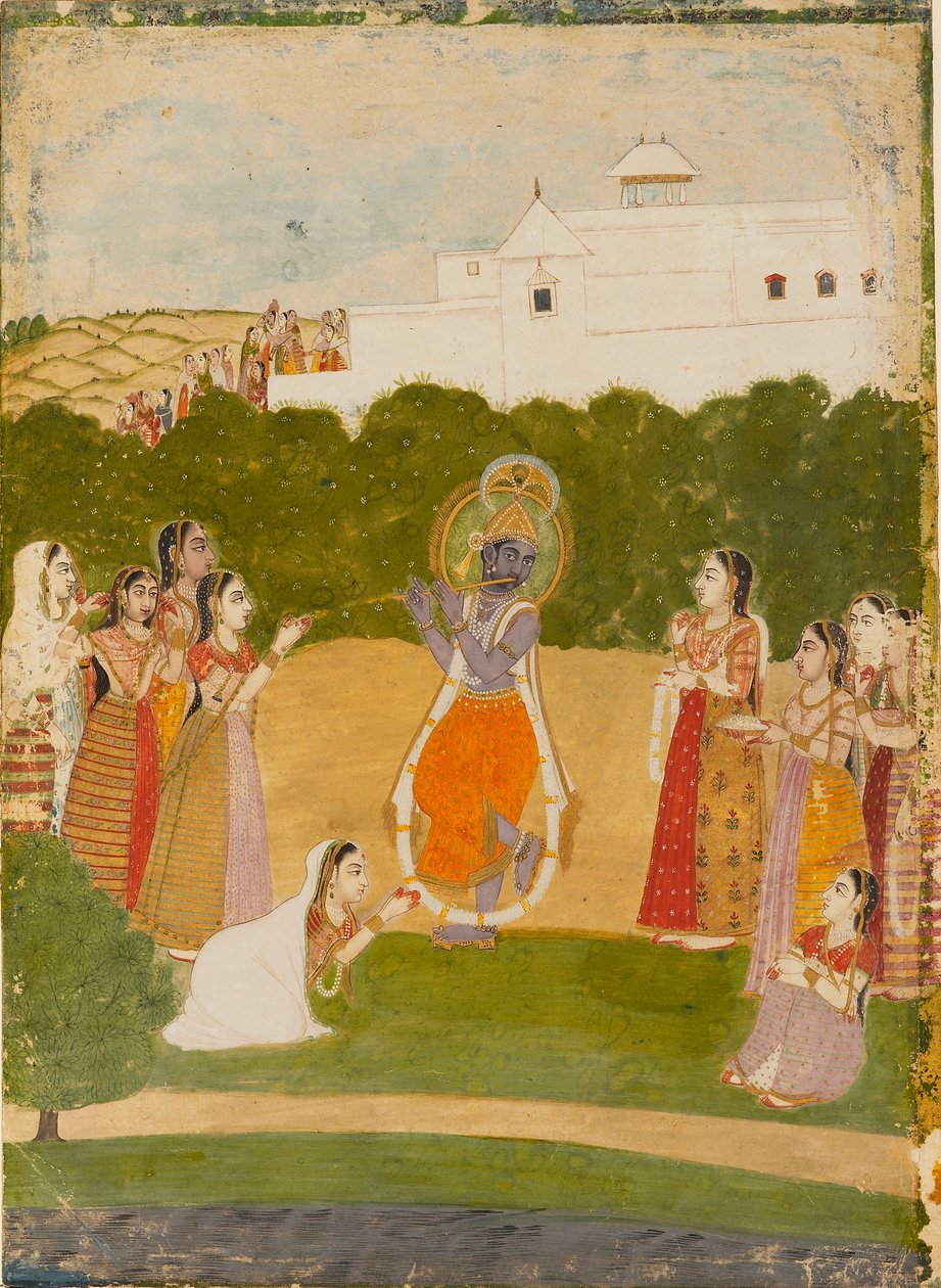 Krishna ved siden af en flod, der spiller på fløjte, c1720 af Unbekannt