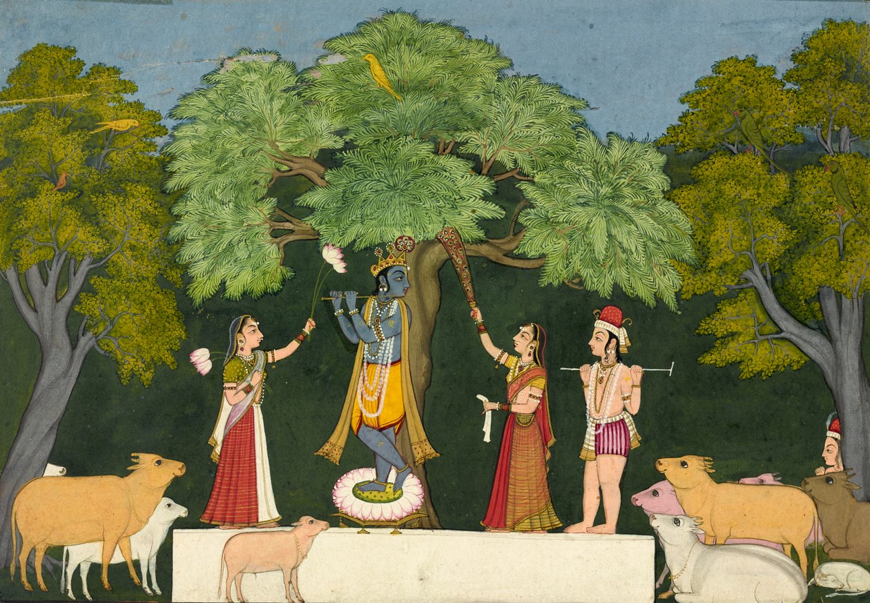 Krishna underholder sine ledsagere, ca. 1760-1765. af Unbekannt