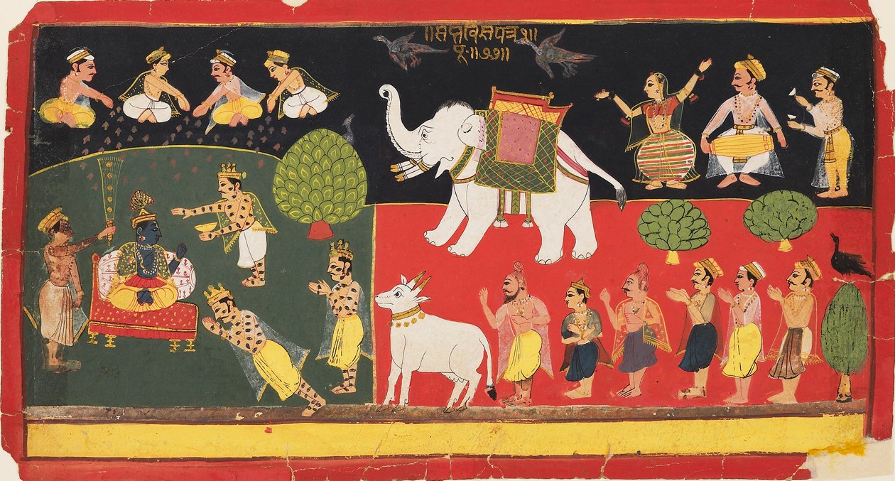Krishna æret af Indra, der ankommer på en hvid elefant, c1720 af Unbekannt
