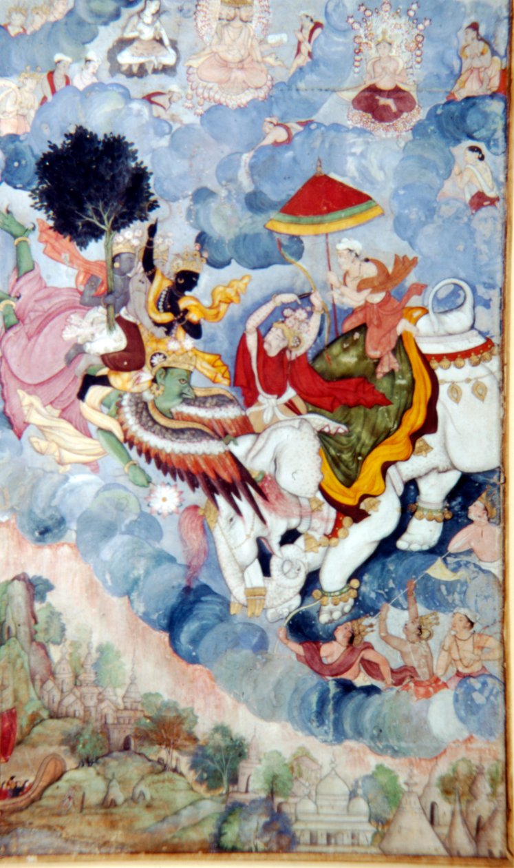 Krishna, der rider på Fugleguden Garuda, kæmper mod Guden, Indra på en elefant, c1590. af Unbekannt