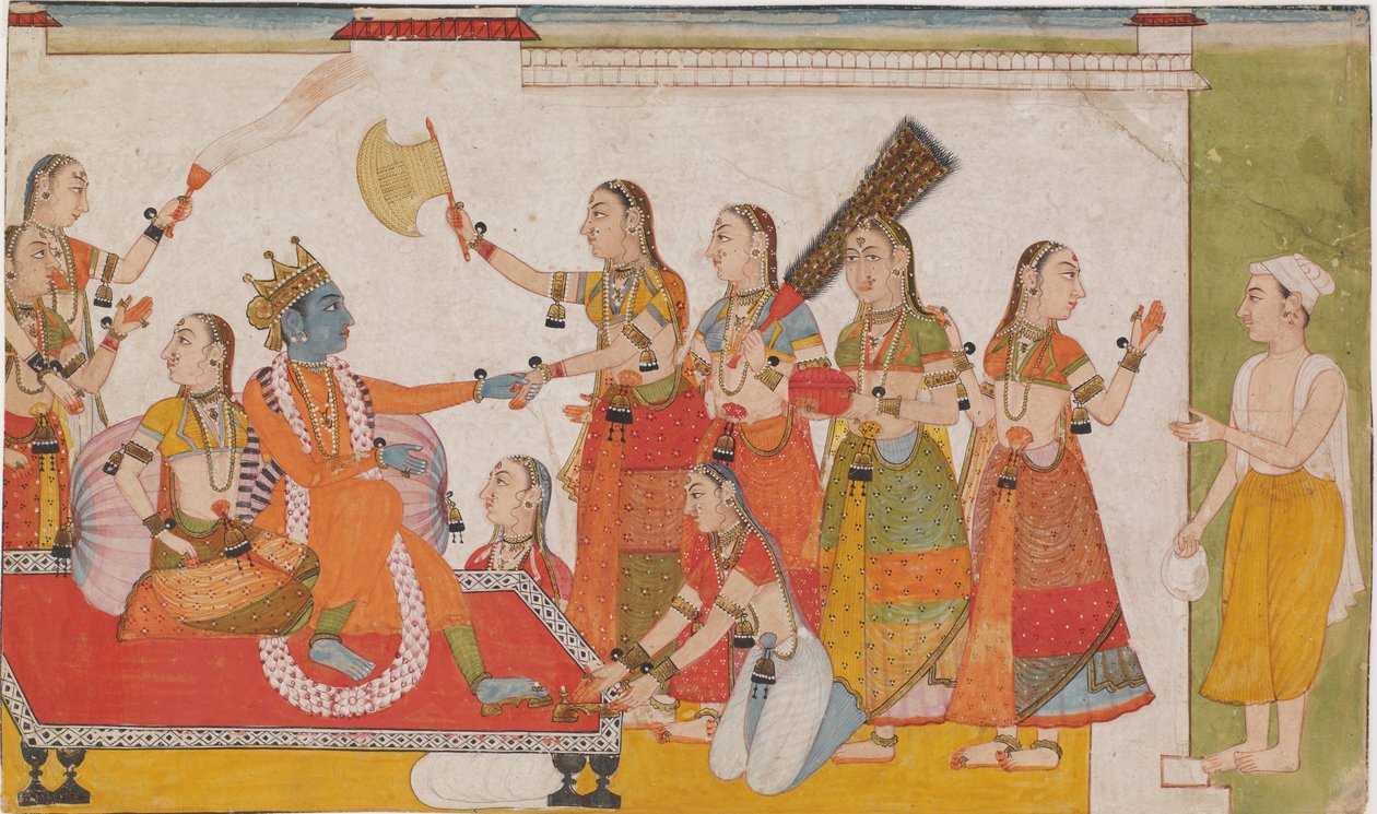 Krishna byder Sudama velkommen, fra Bhagavata Purna, ca. 1700. af Unbekannt