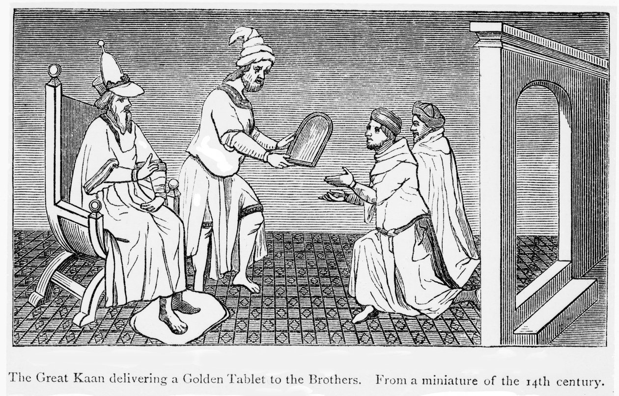Kublai Khan giver en gylden tablet, der sikrer sikker passage til Niccolo og Maffeo Polo (gravering) af Unbekannt