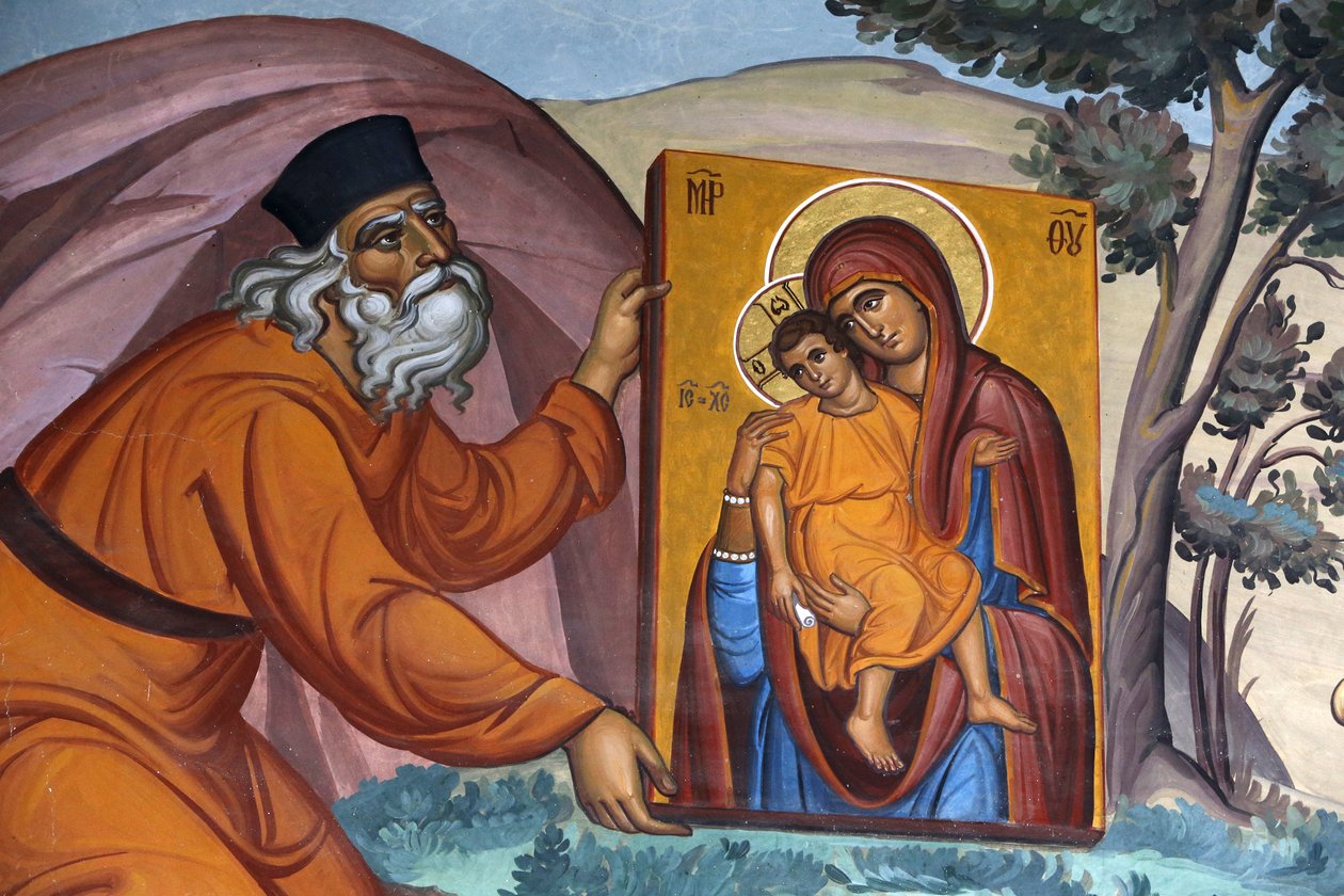 Kykkos kloster, Cypern. Fresco. Munk med et helligt ikon, 20150510, Pedoulas, Cypern af Unbekannt