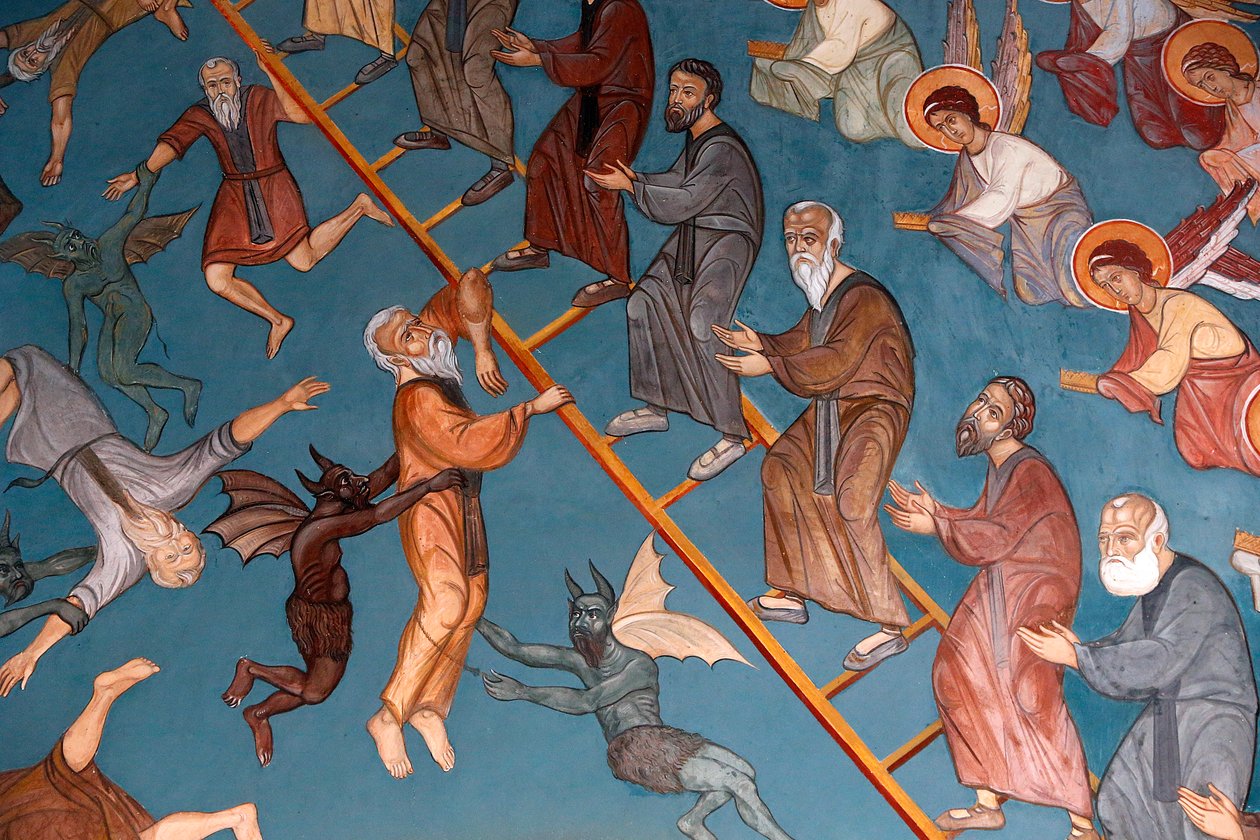 Kykkos kloster, Cypern. The Ladder of Divine Ascent med de gode til højre og de dårlige til venstre, 20150510, Pedoulas, Cypern af Unbekannt