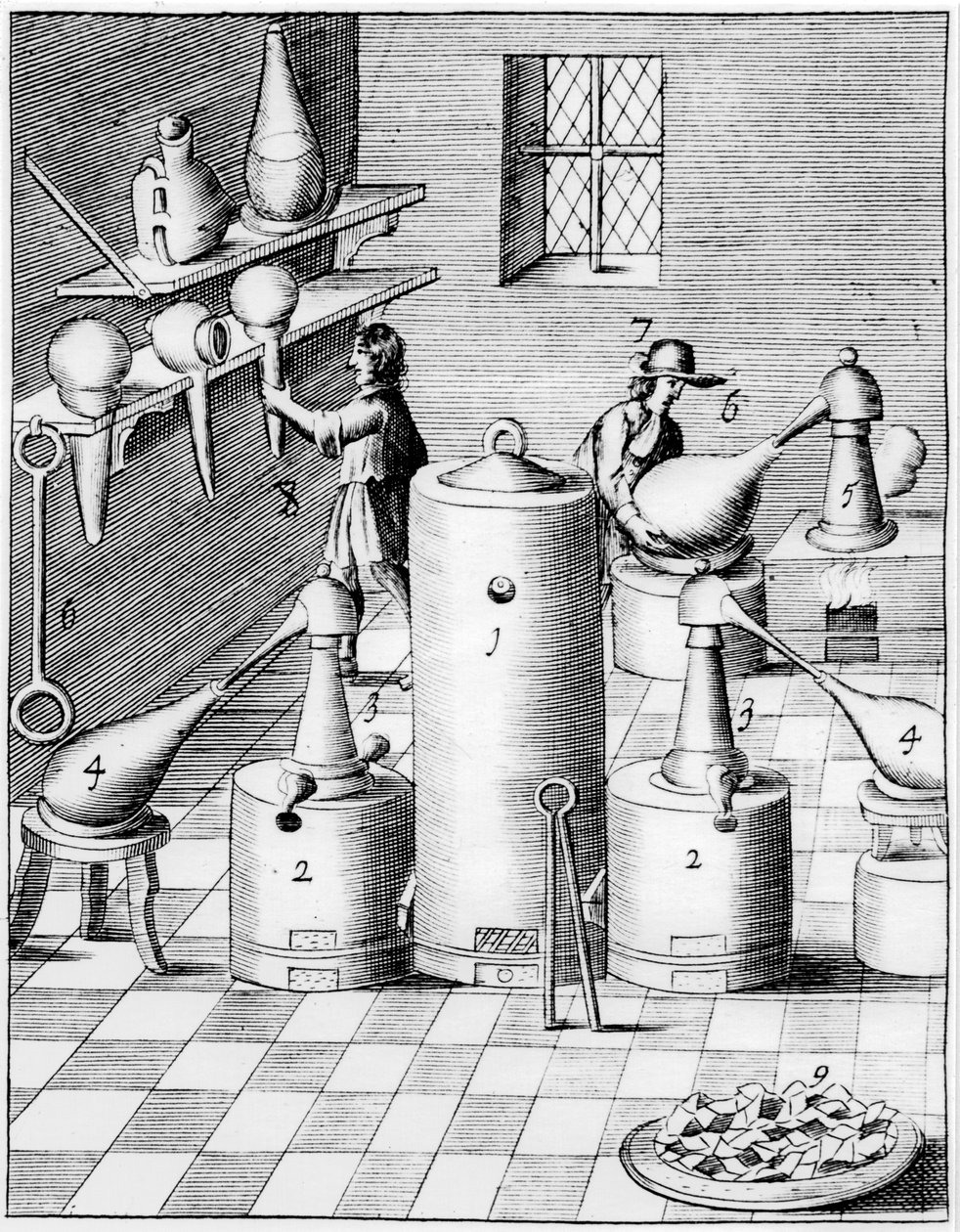 Laboratorium til raffinering af guld og sølv, viser typisk laboratorieudstyr, 1683 af Unbekannt