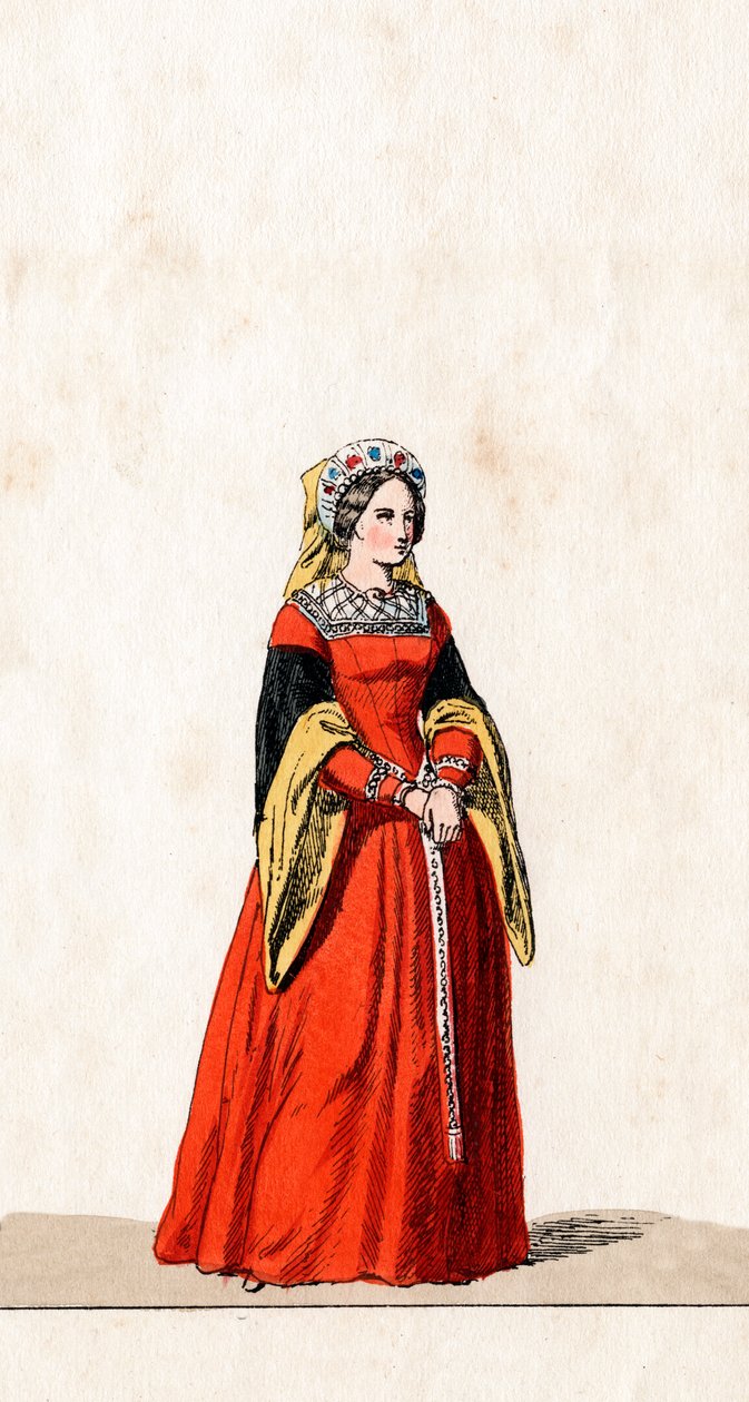 Dame i vente, kostumedesign til Shakespeares skuespil, Henry VIII, 1800-tallet af Unbekannt