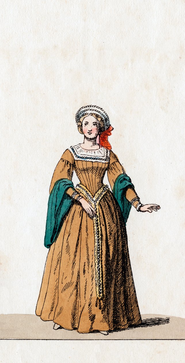 Dame i vente, kostumedesign til Shakespeares skuespil, Henry VIII, 1800-tallet af Unbekannt