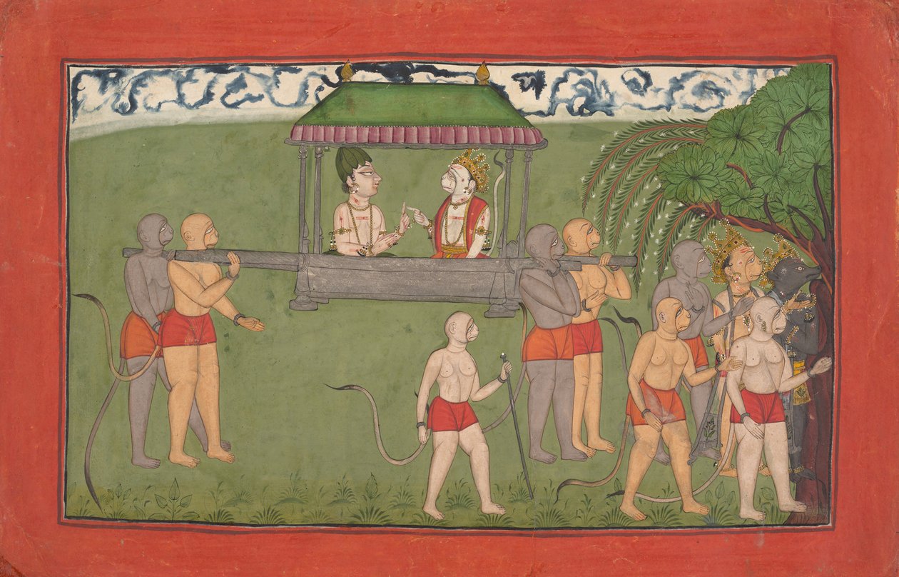 Lakshmana og Sugriva bliver båret af Palanquin for at modtage Ramas-velsignelser..., ca. 1710-25. af Unbekannt