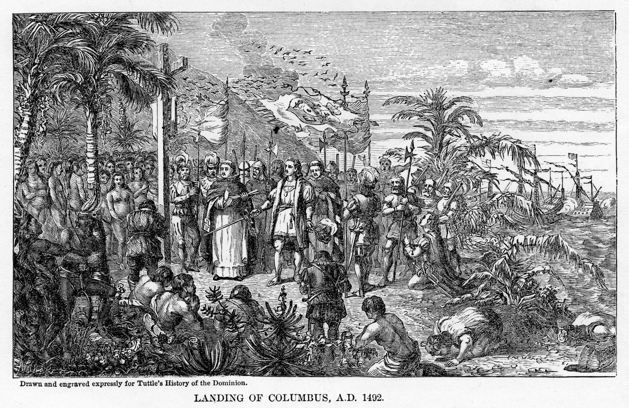 Landgang af Columbus, AD 1492, 1877 af Unbekannt