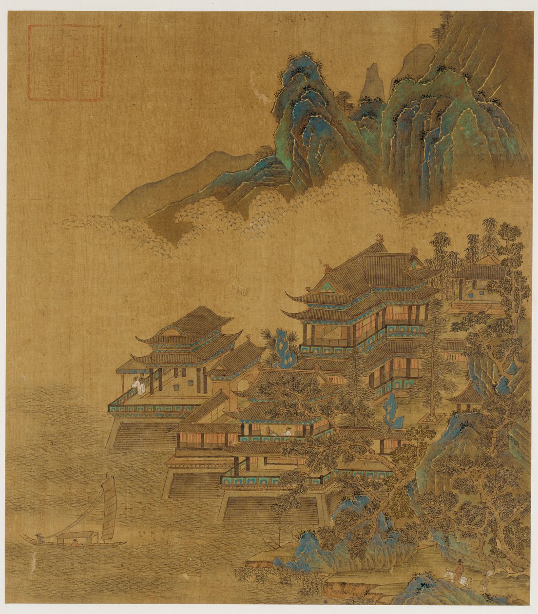 Landskab: et palads mellem sø og bjerge, Ming- eller Qing-dynastiet, 1600-tallet. af Unbekannt