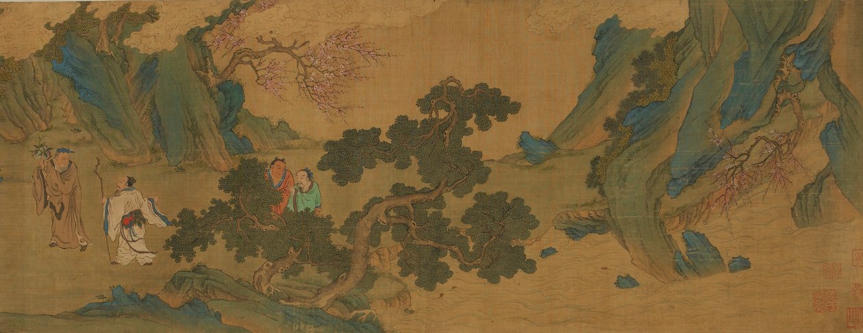 Landskab med daoistiske udødelige i bjergene, Ming- eller Qing-dynastiet, 1600-tallet. af Unbekannt