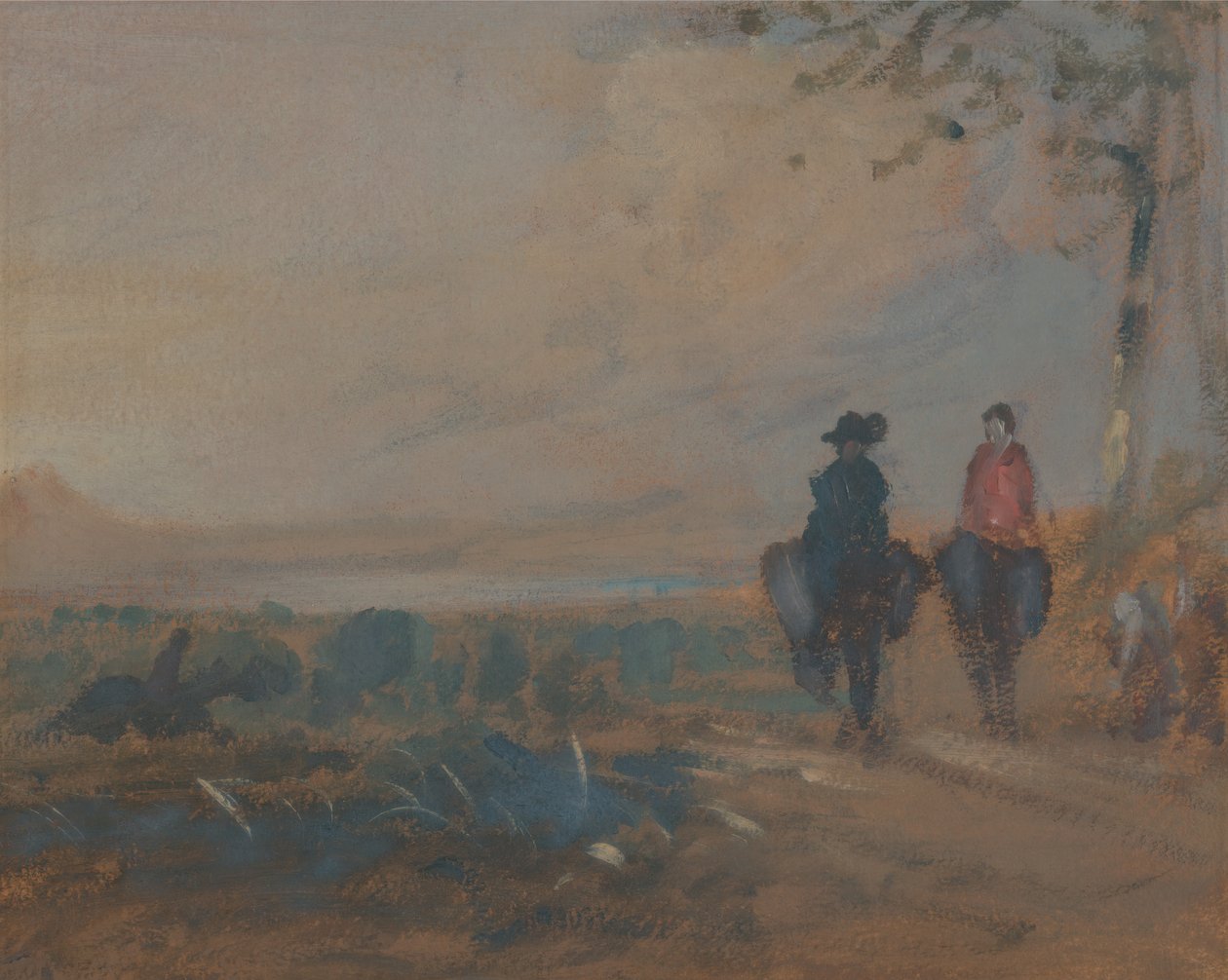 Landskab med sø og ridning af to figurer, ca. 1820. af Unbekannt
