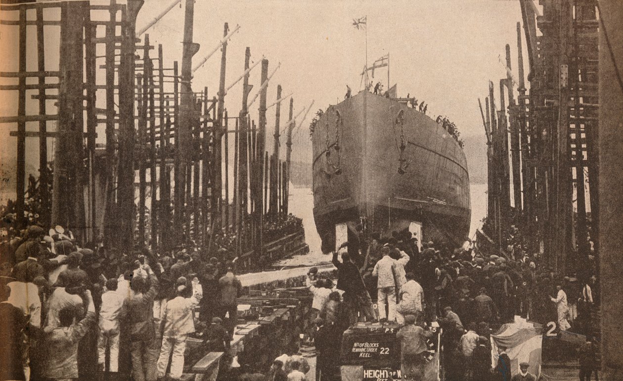 Lancering af H.M.S. Løve i august, 1910, c1910, 1935 af Unbekannt
