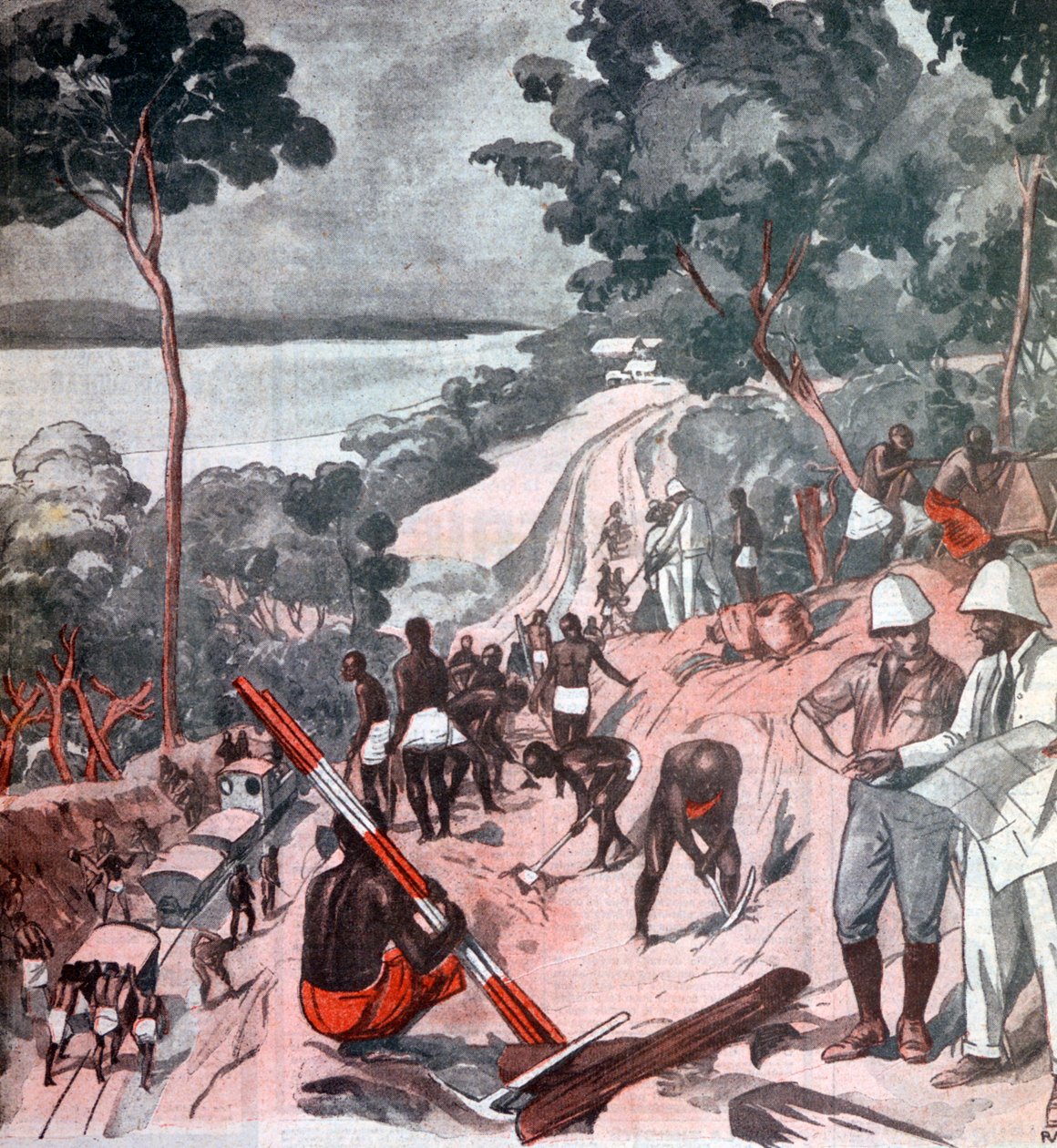 Udlægning af jernbanespor under den ækvatoriale sol, Brazzaville, Congo, 1924 af Unbekannt