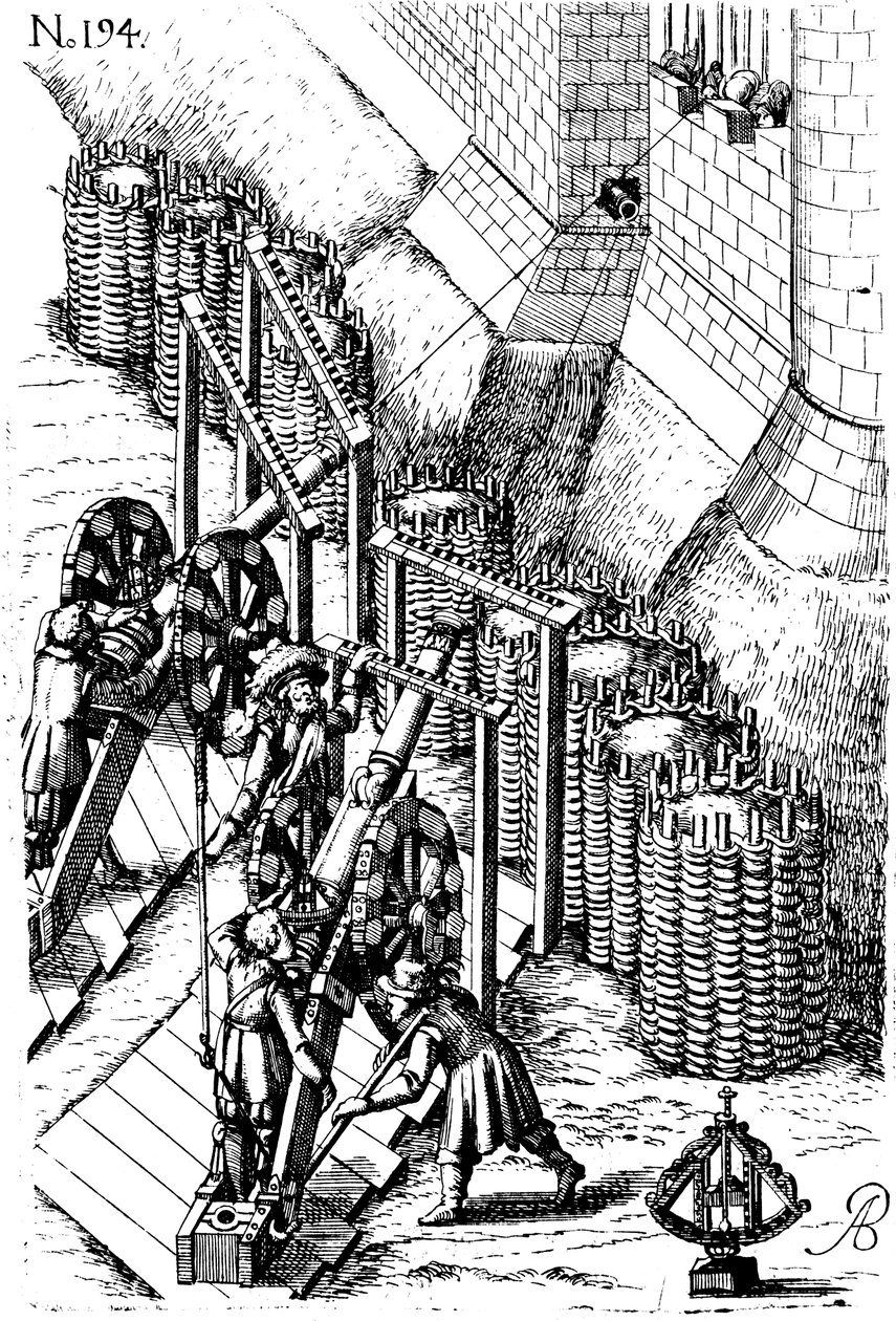 Lægger belejringskanon på mål, fra Le diverse et artificiose machine, 1620 af Unbekannt